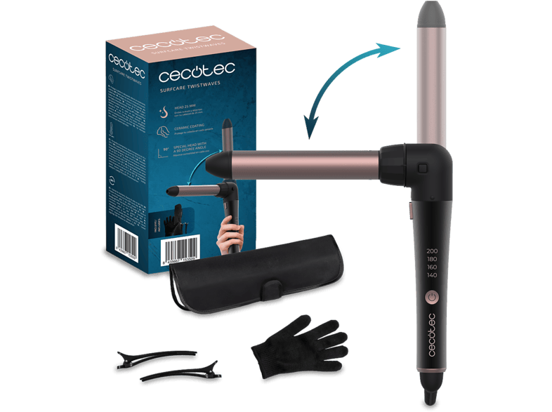 Rizador - Cecotec SurfCare 3200 TwistWaves Elite, Cabezal de 32 mm, Ángulo 90°, Revestimiento cerámico, Temperatura regulable y accesorios, Negro