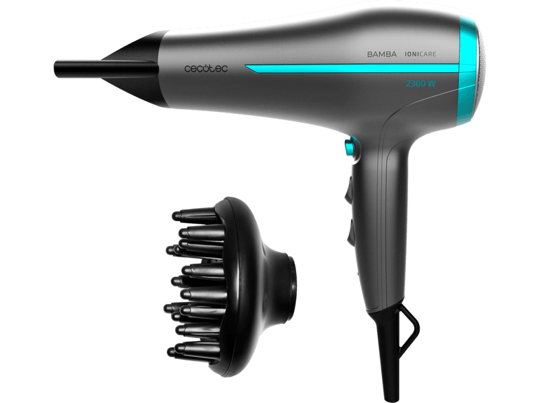 Secador - Cecotec IoniCare 5200 Aura Black Elite, 2300 W, Motor DC, Iónico, Difusor, Concentrador, Aire frío, Gris