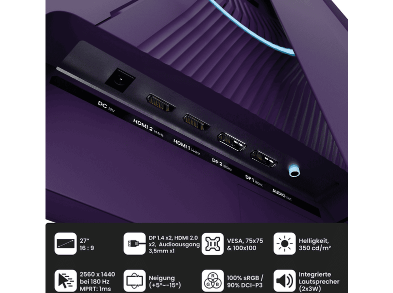 AROZZI NOVA 27 Zoll Gaming Monitor, QHD, 1 ms Reaktionszeit, 350 cd/m², 180 Hz, Purple — Foto 4 von 5
