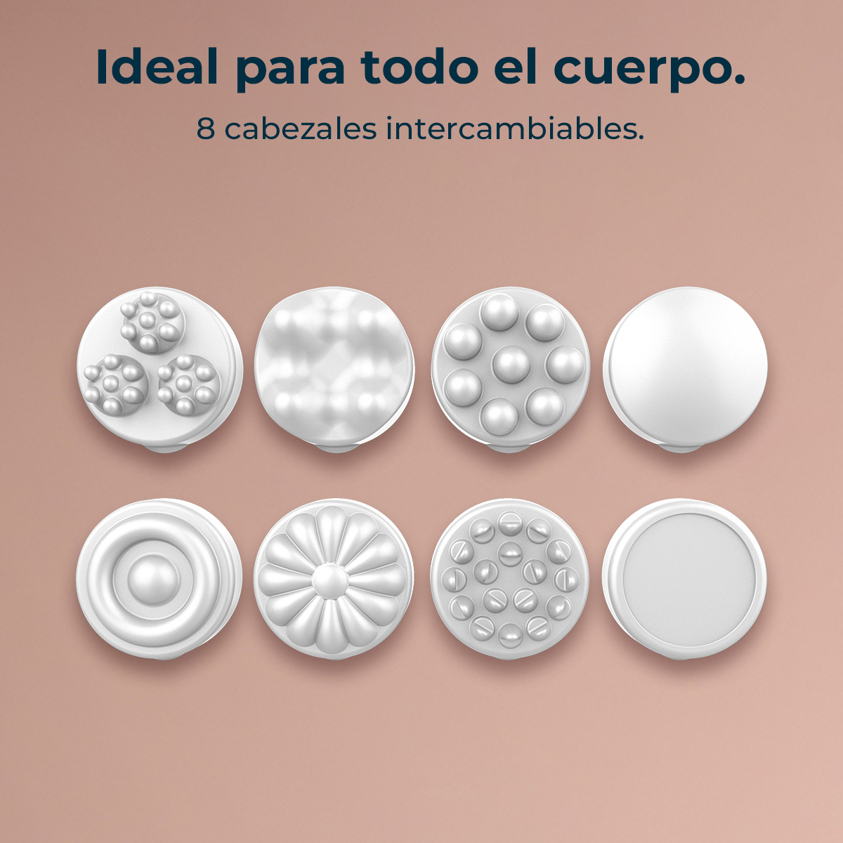Ocho cabezales de masaje blancos diferentes en dos filas sobre fondo rosa con texto en español.