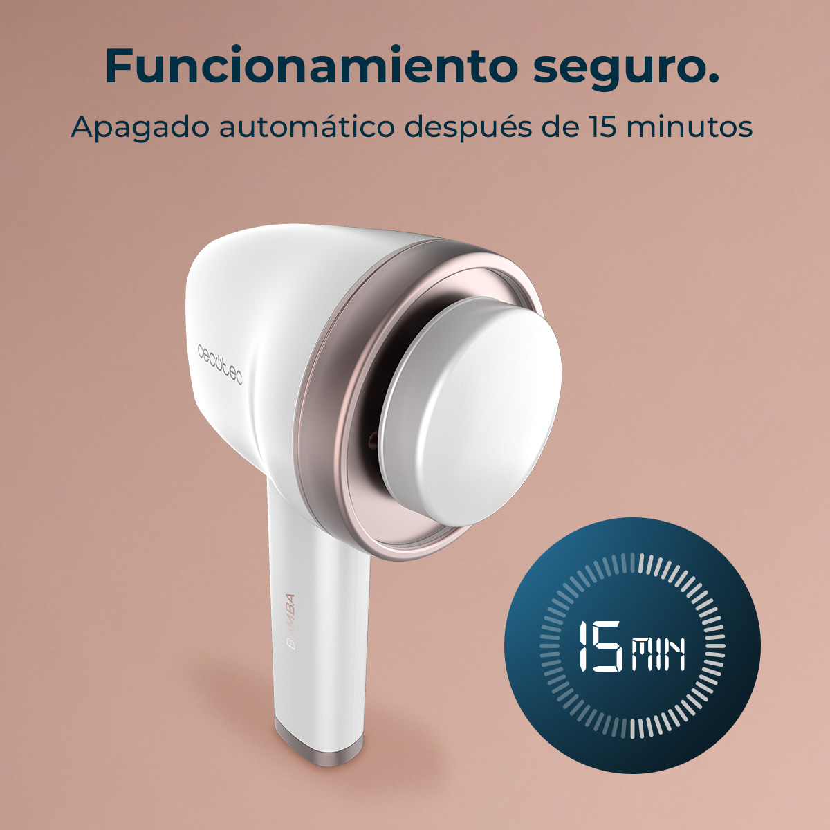 Quitapelusas blanco y oro rosa sobre fondo beige con icono de temporizador de 15 min.
