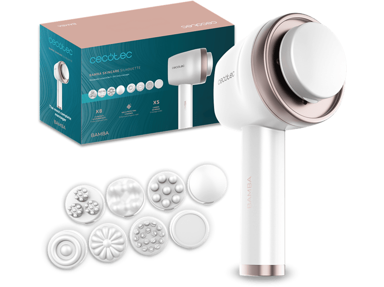 Anticelulítico - Cecotec SkinCare Push Up Elite, 8 cabezales, 5 modos, 6 intensidades y 90 min de autonomía, Blanco