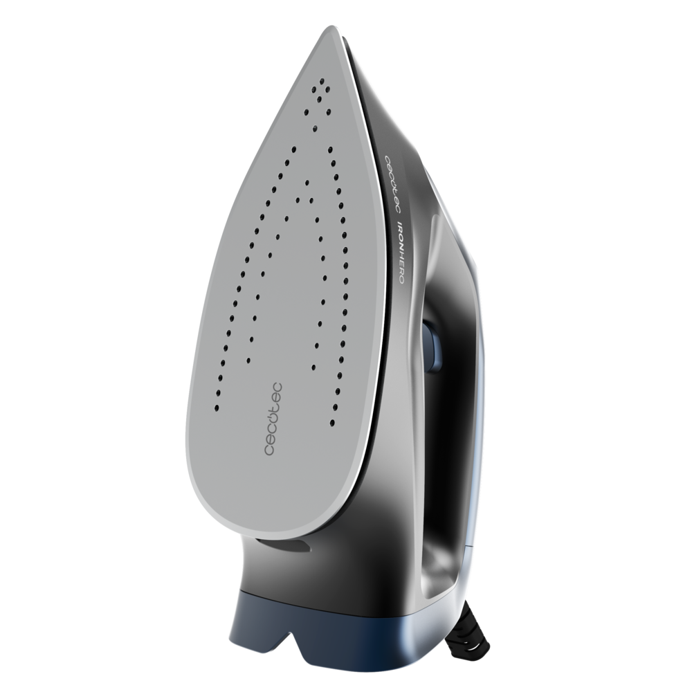 Plancha de vapor moderna gris Cecotec Ironhero con suela perforada sobre fondo negro.