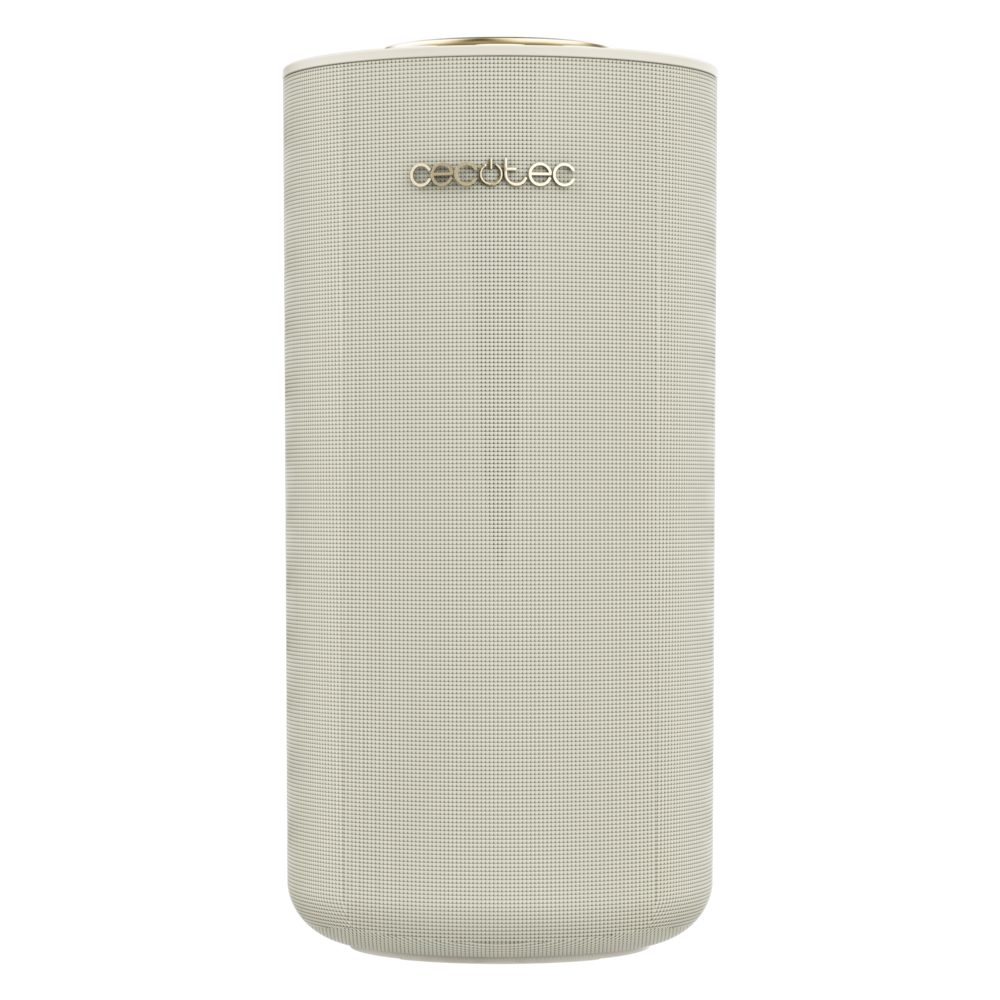 Altavoz inteligente Cecotec cilíndrico de color beige con logotipo dorado sobre fondo negro.