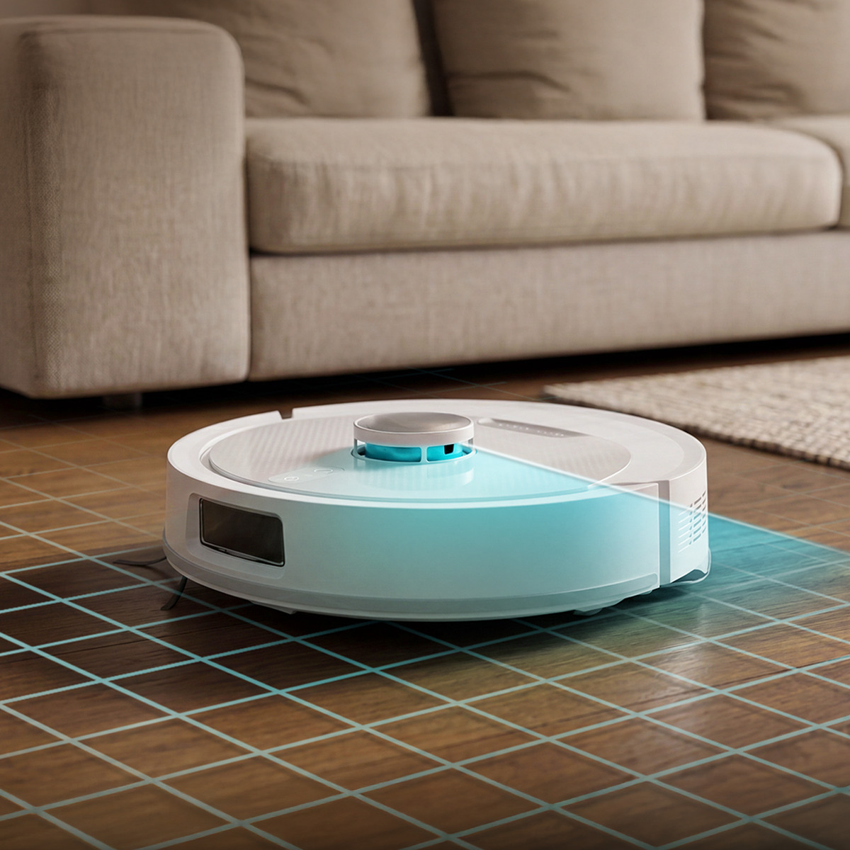 Un robot aspirador blanco escanea un suelo de madera con una cuadrícula azul.