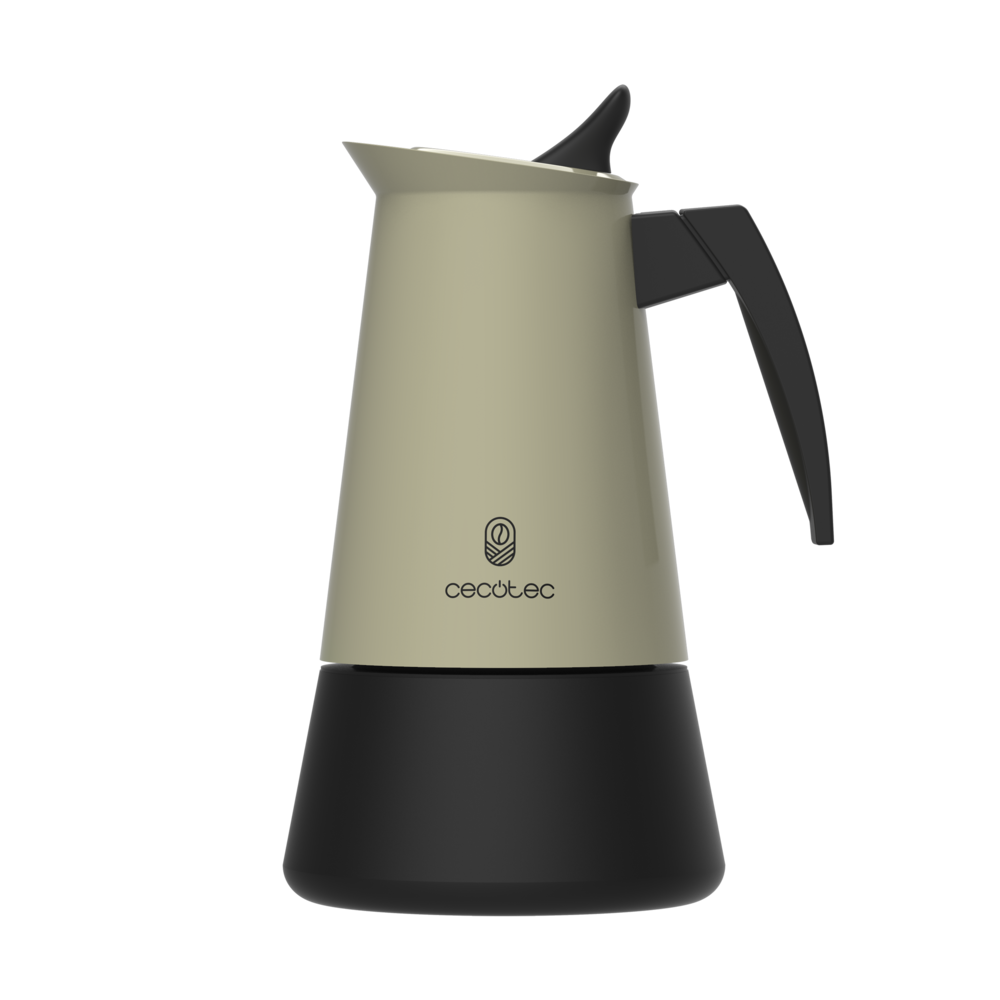 Una cafetera italiana Cecotec en beige y negro con asa sobre fondo negro.
