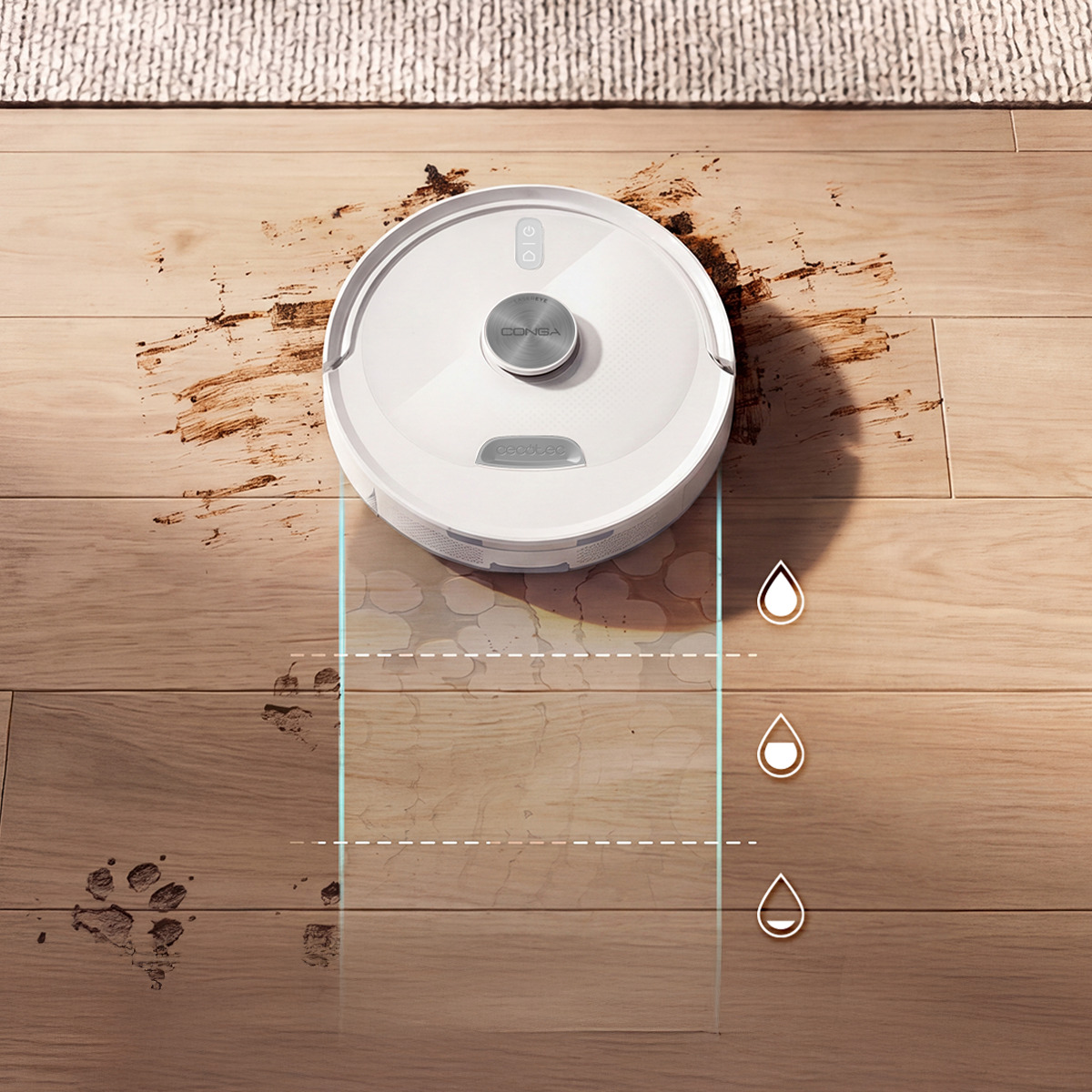 Un robot aspirador blanco limpia el suelo de madera sucio, pasando la mofeta con tres niveles de agua.