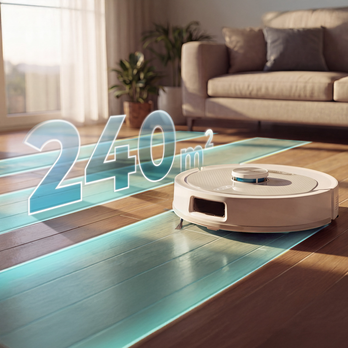 Un robot aspirador blanco limpia un suelo de madera, con un gráfico luminoso que muestra 240 m2 en una sala de estar.