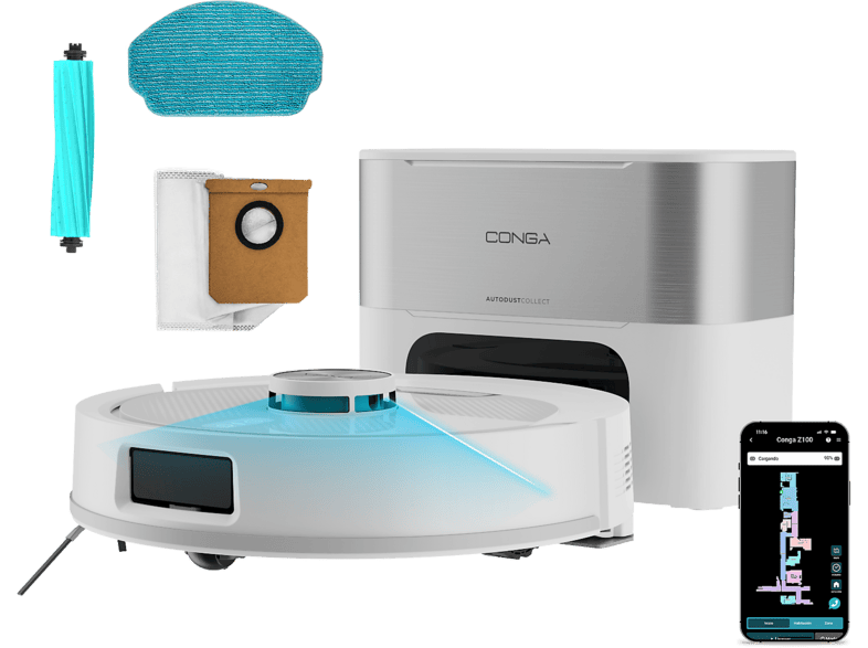 Robot aspirador - Cecotec Conga Y80 Pearl, 50 W, base de autovaciado, navegación láser, App, cepillo para mascotas, 240 min, 64 dB(A), Blanco