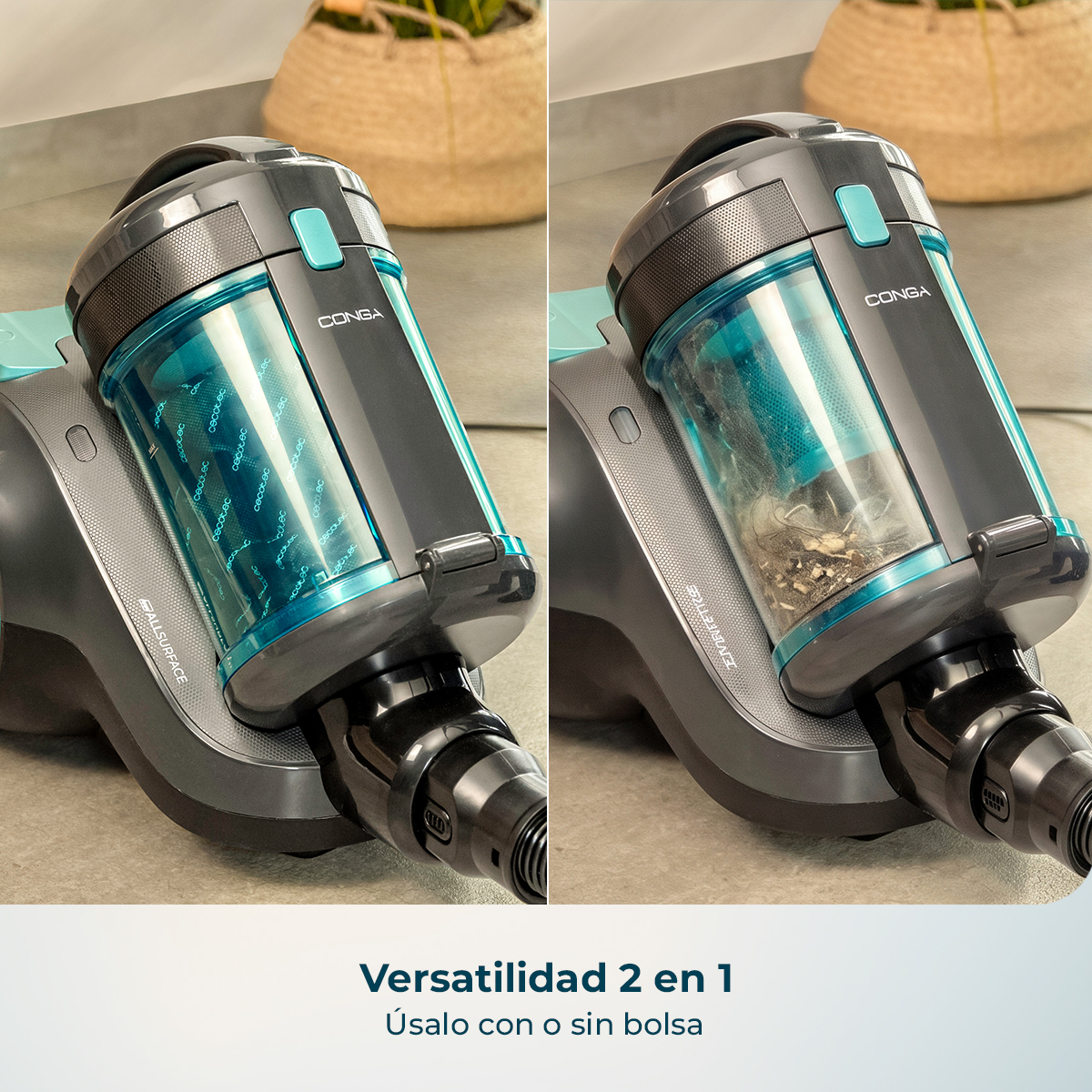 Comparación de dos depósitos de aspirador Conga, uno limpio con patrones y otro lleno de suciedad.