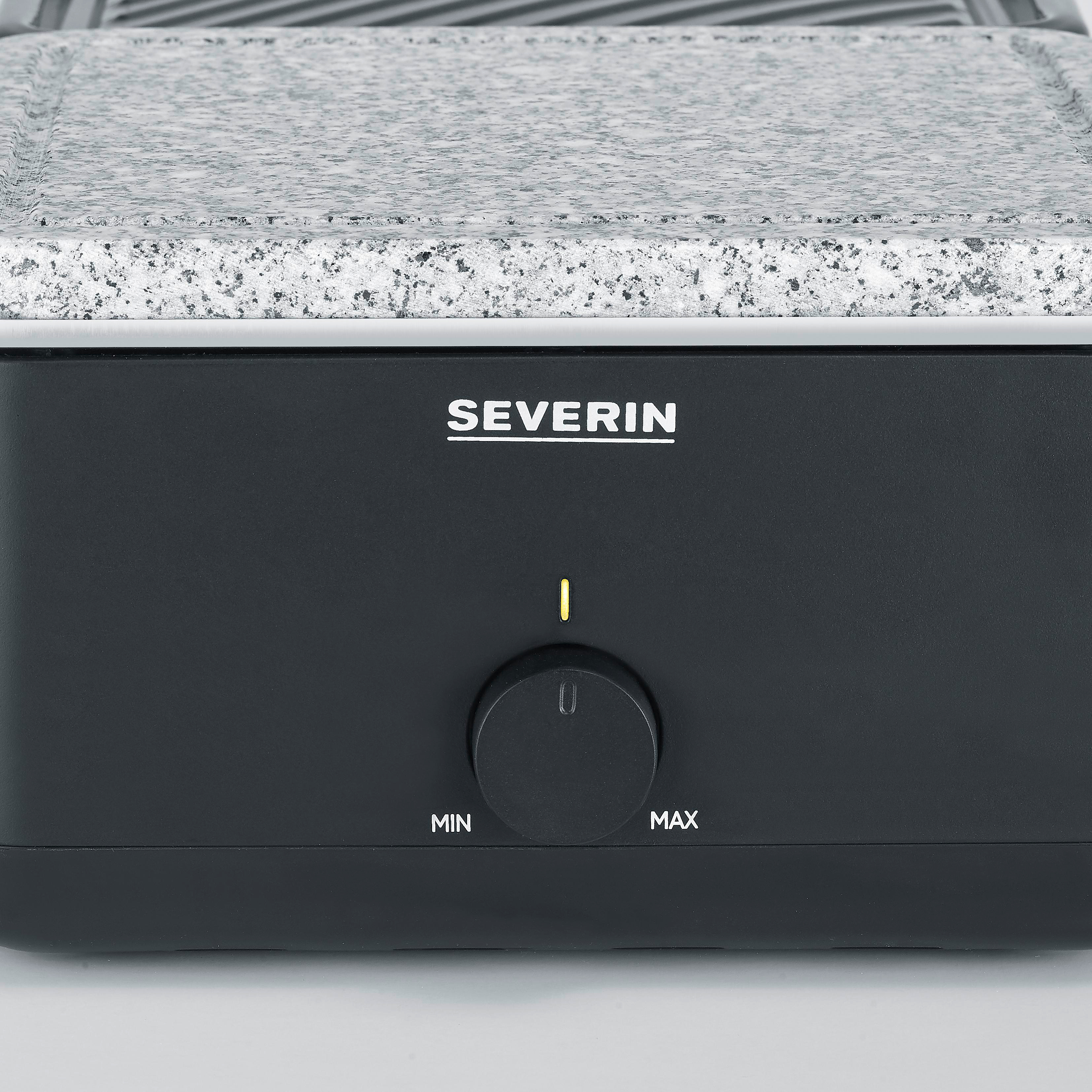 Schwarzer Severin-Grill mit einem Granitstein oben, Temperaturregler mit 'Min' und 'Max' und gelber LED.