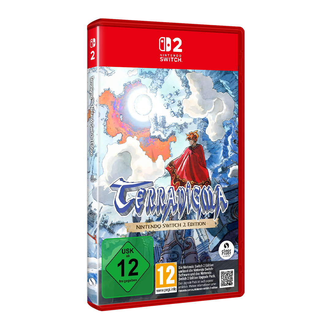 Spielhülle für Terranigma Nintendo Switch 2 Edition mit rotem Rand, Cover-Illustration und USK-Altersfreigabe.