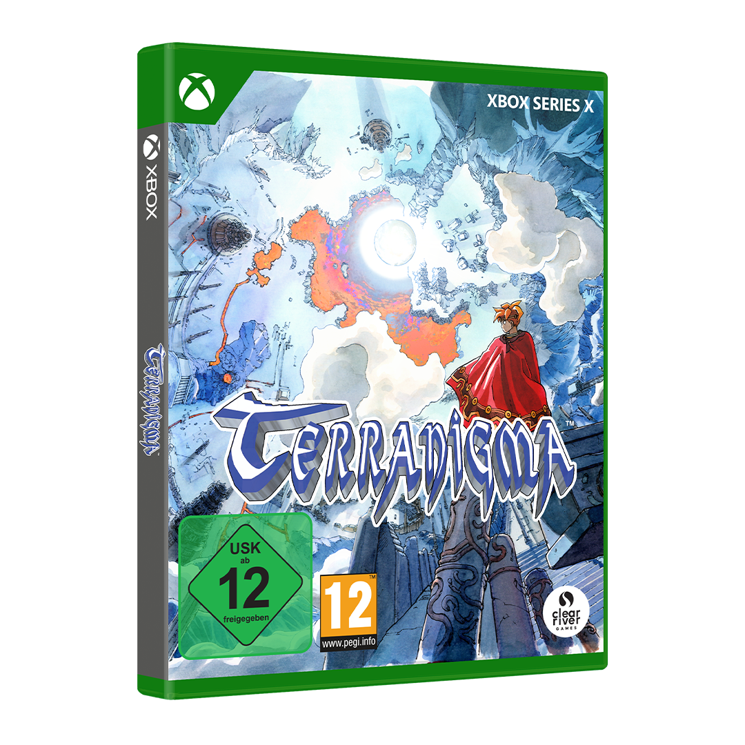 Xbox Series X-Spielhülle für Terranigma mit einem rot gekleideten Charakter vor einer fantasyhaften Eiswelt.