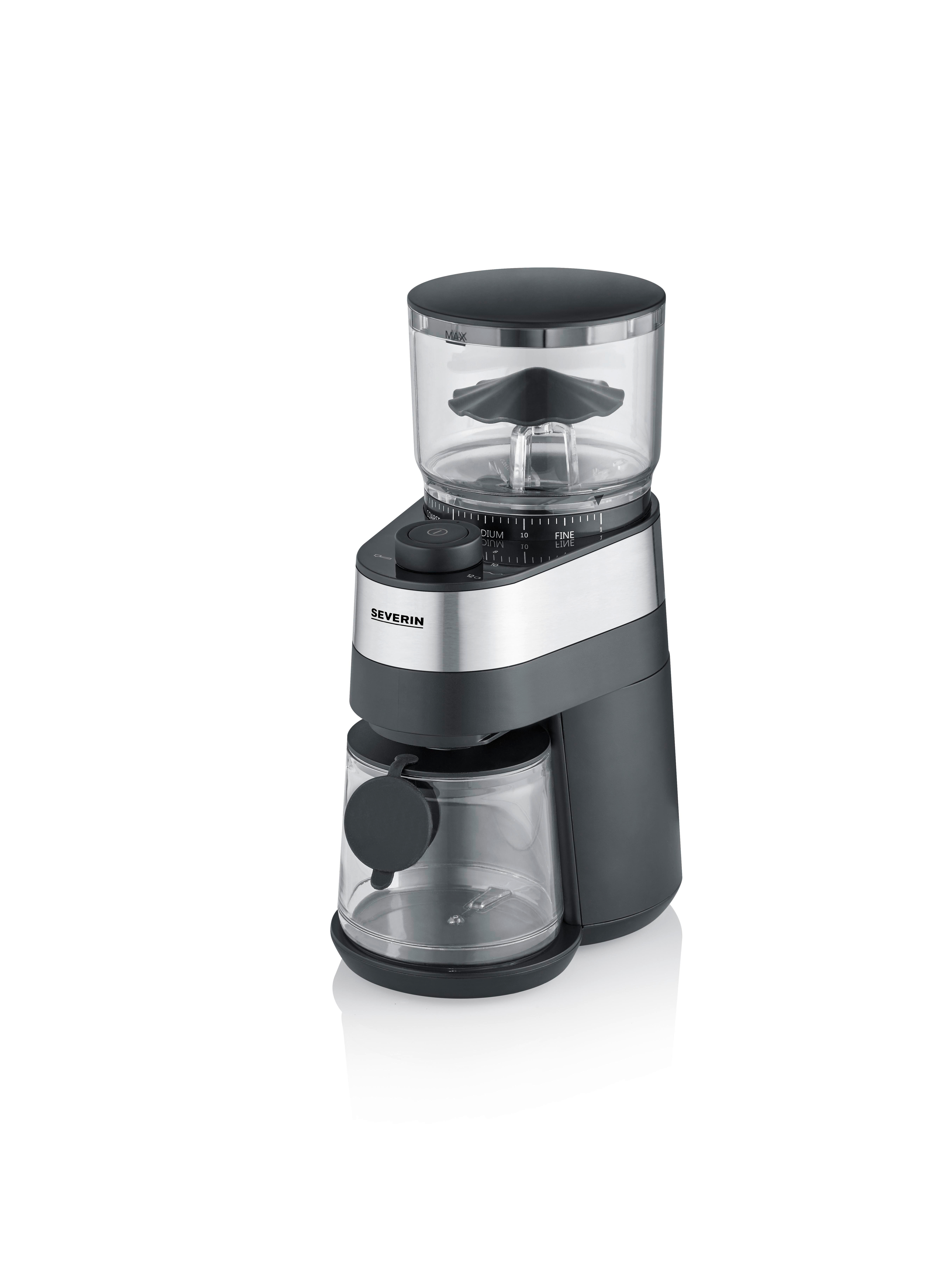 Eine schwarz-silberne Severin Kaffeemühle mit klarem Bohnenbehälter oben und Glasbehälter unten vor weißem Hintergrund.