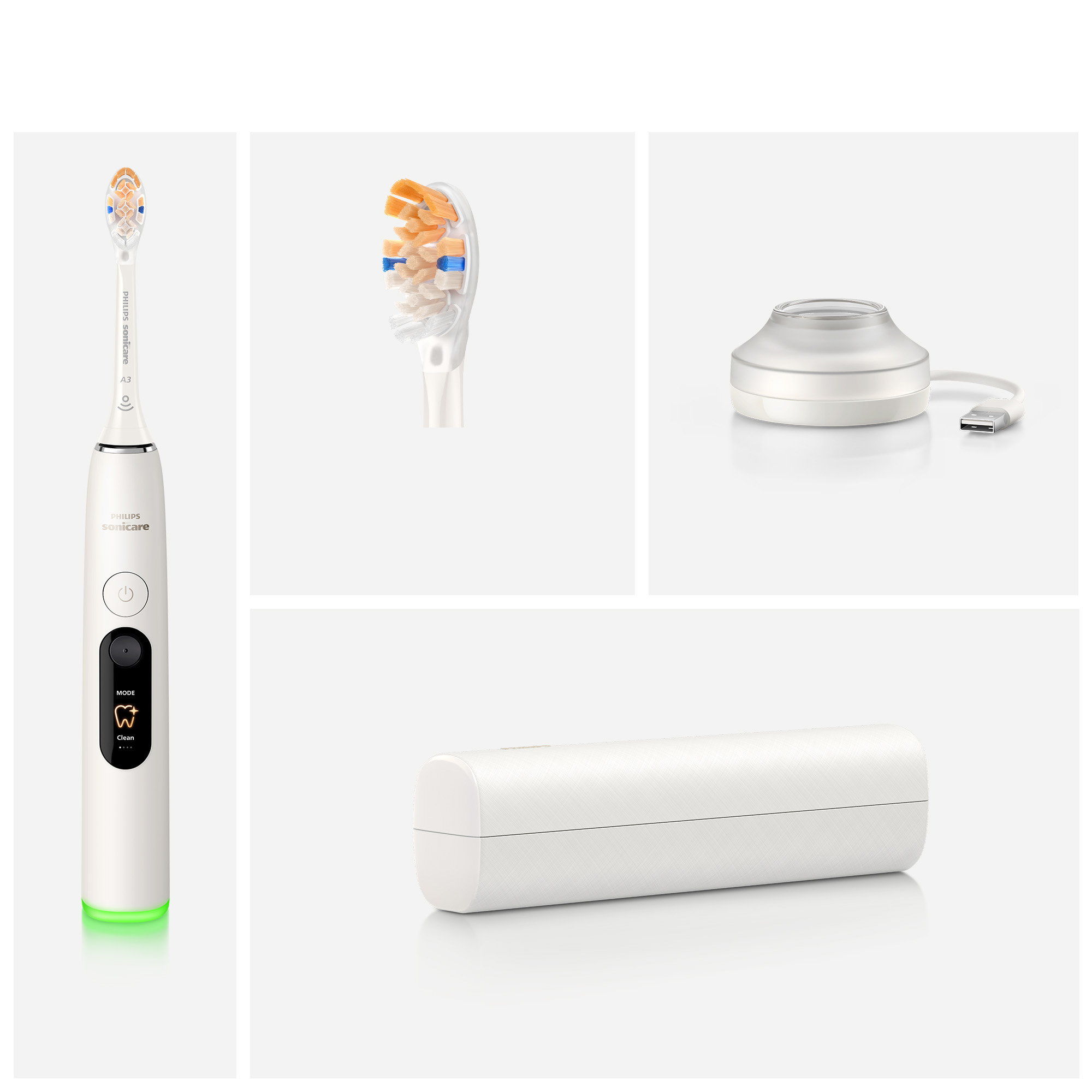 Biała szczoteczka elektryczna Philips Sonicare z główką, podstawą ładowarki i etui.