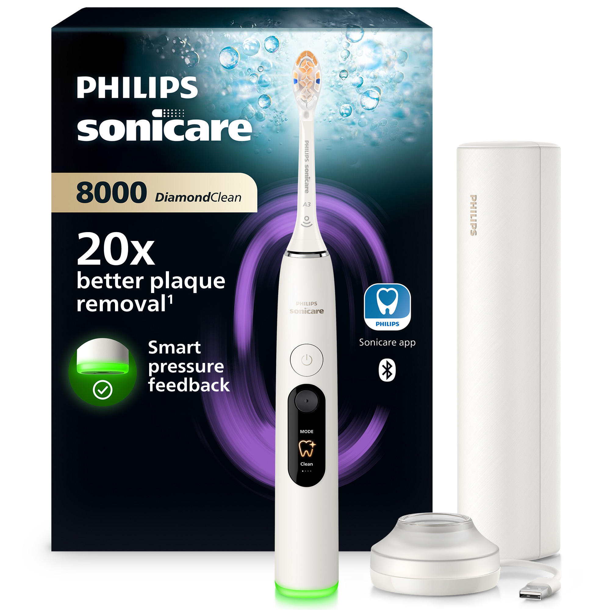 Szczoteczka elektryczna Philips Sonicare 8000 DiamondClean z etui i ładowarką na tle pudełka.