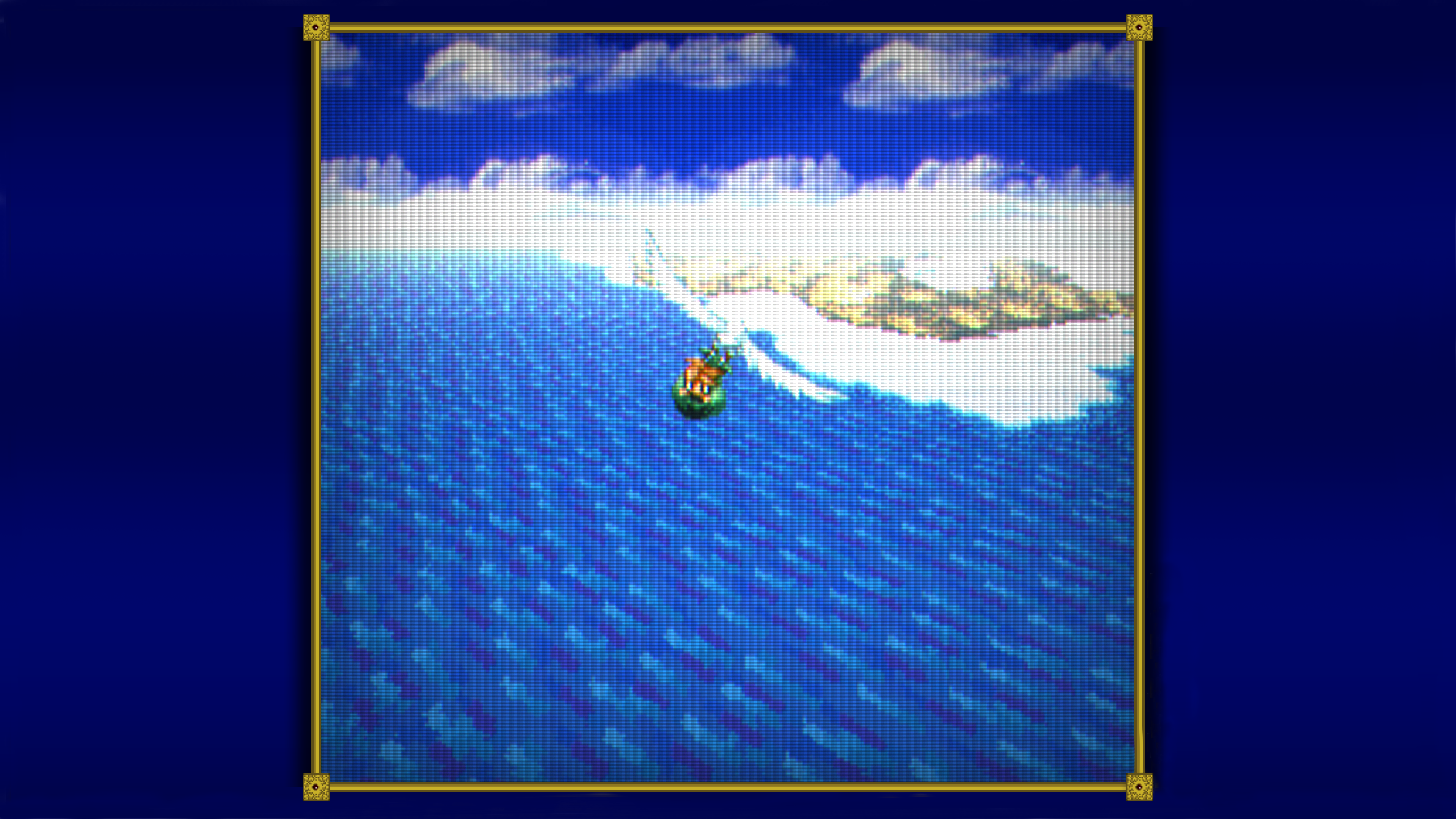 Pixelige Videospielszenen zeigen einen kleinen Charakter im grünen Gefährt, der über blaues Wasser fliegt.