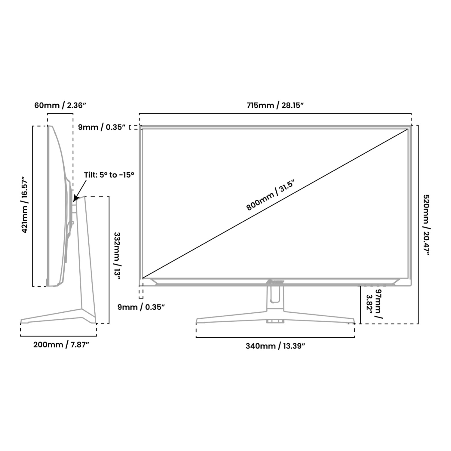 Technische Zeichnung eines Monitors mit Maßen für Höhe, Breite, Tiefe und Neigung.