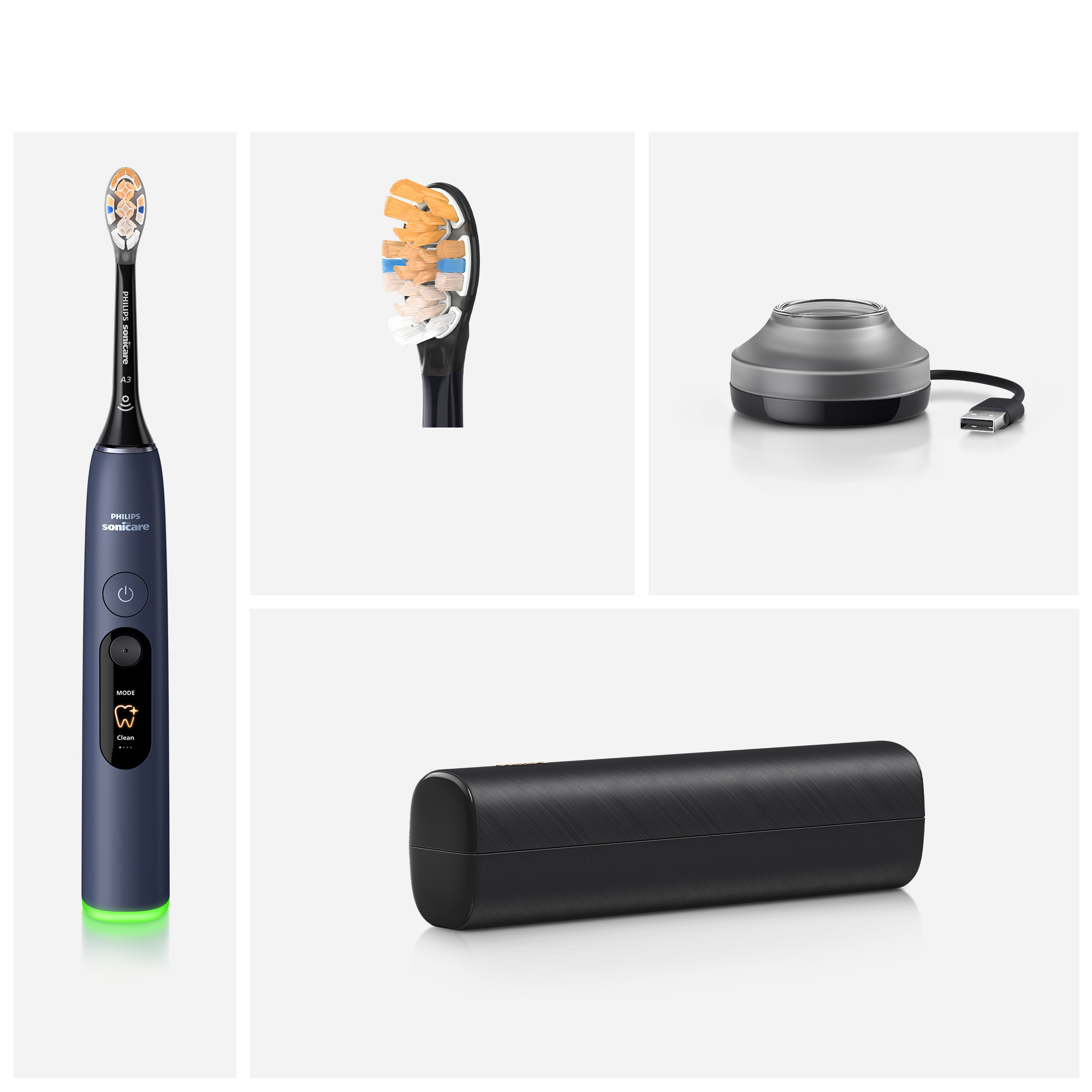 Niebieska szczoteczka Philips Sonicare z podstawą, główką i etui.