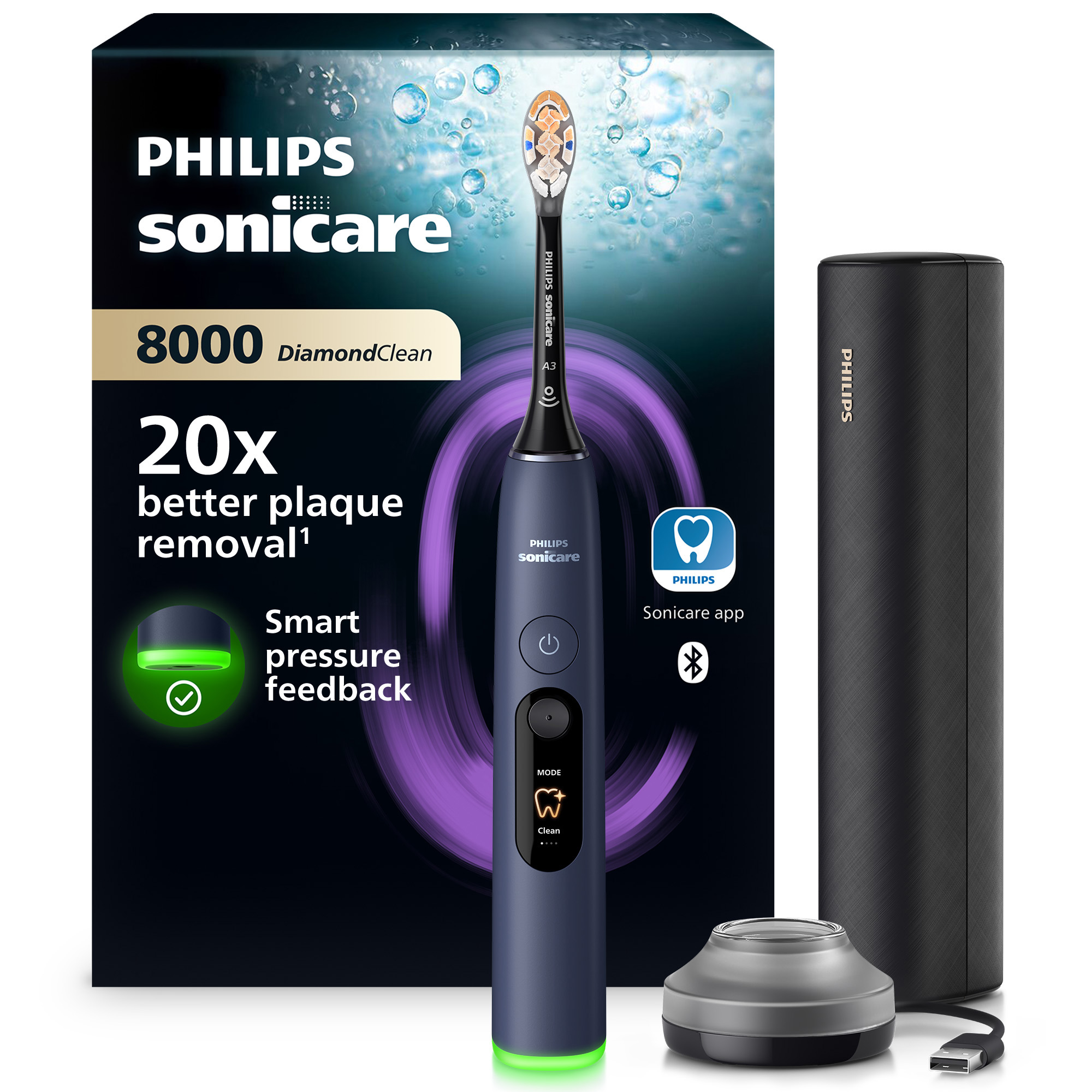 Niebieska szczoteczka Philips Sonicare DiamondClean 8000 z etui, ładowarką i pudełkiem.