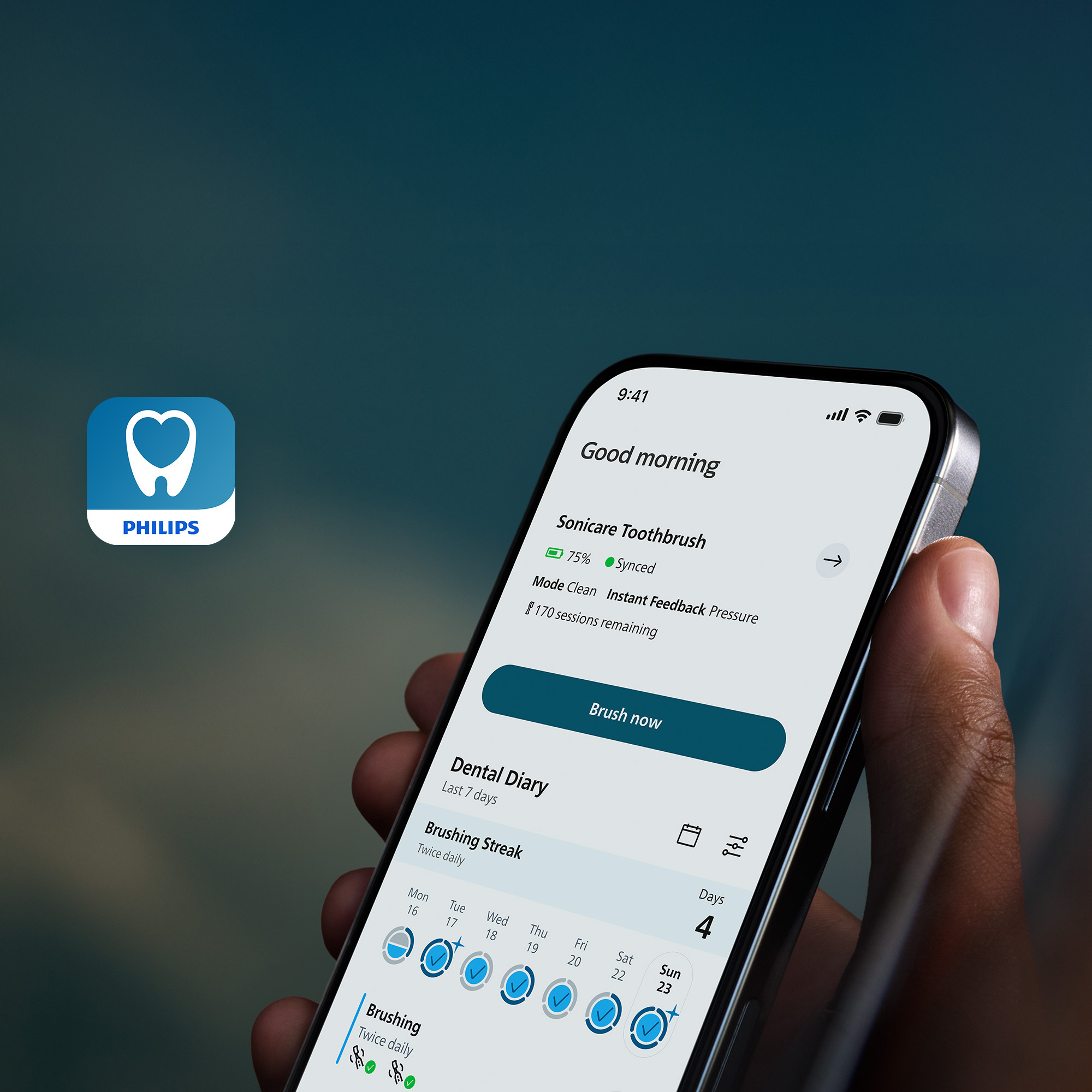 Smartfon wyświetla aplikację Philips Sonicare ze statystykami szczotkowania.