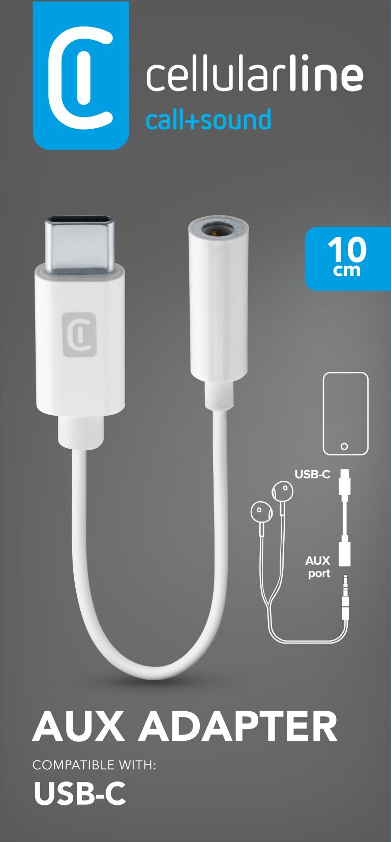 Caja embalaje gris, logo CellularLine en blanco y azul. Texto:"AUX adapter compatible con USB C" y "10cm". Dibujo funcionalidad del adaptador.