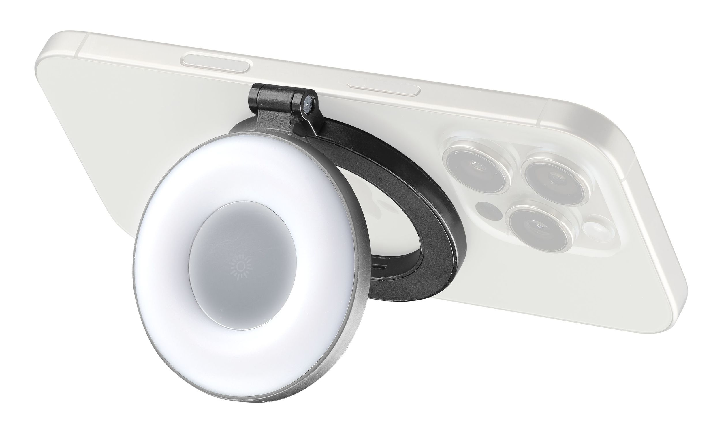 Un teléfono inteligente blanco con una luz de anillo redonda e iluminada adherida en la parte posterior.