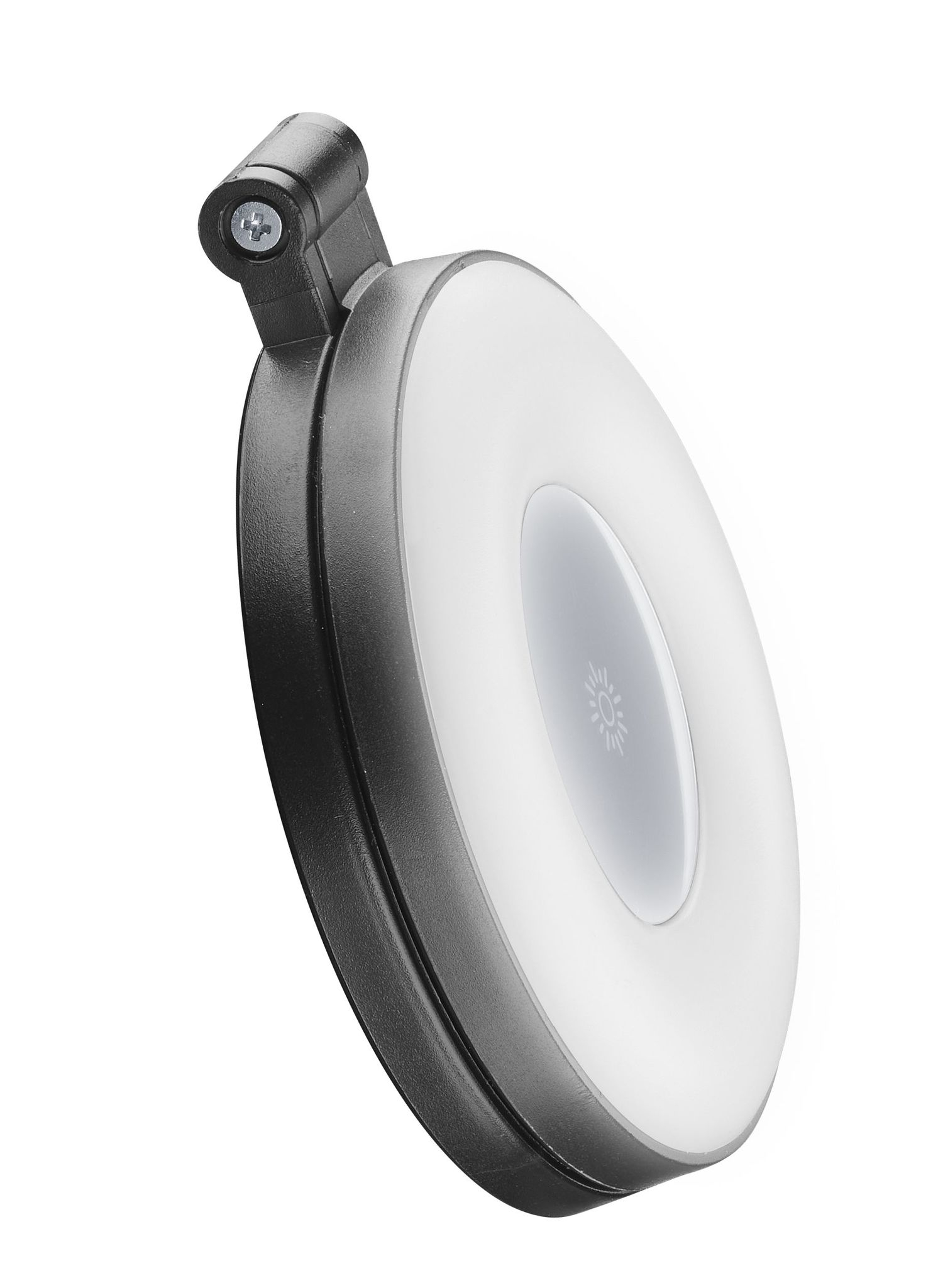 Una luz de lectura LED circular negra con bisagra de montaje sobre fondo blanco.