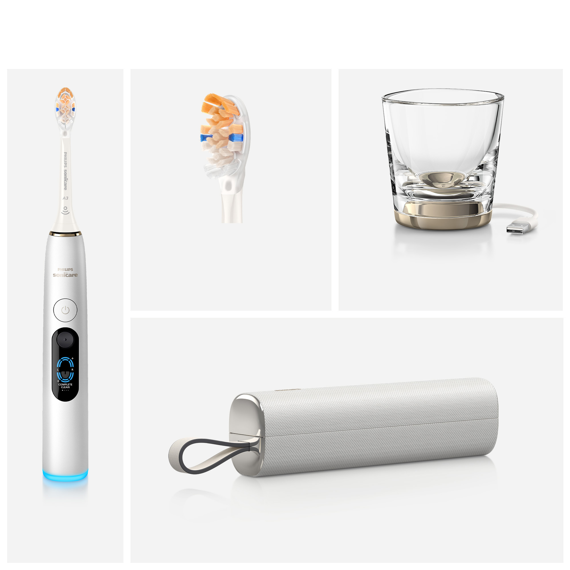 Biała szczoteczka elektryczna Philips Sonicare z akcesoriami, takimi jak szklanka, etui i końcówka, na szarym tle.