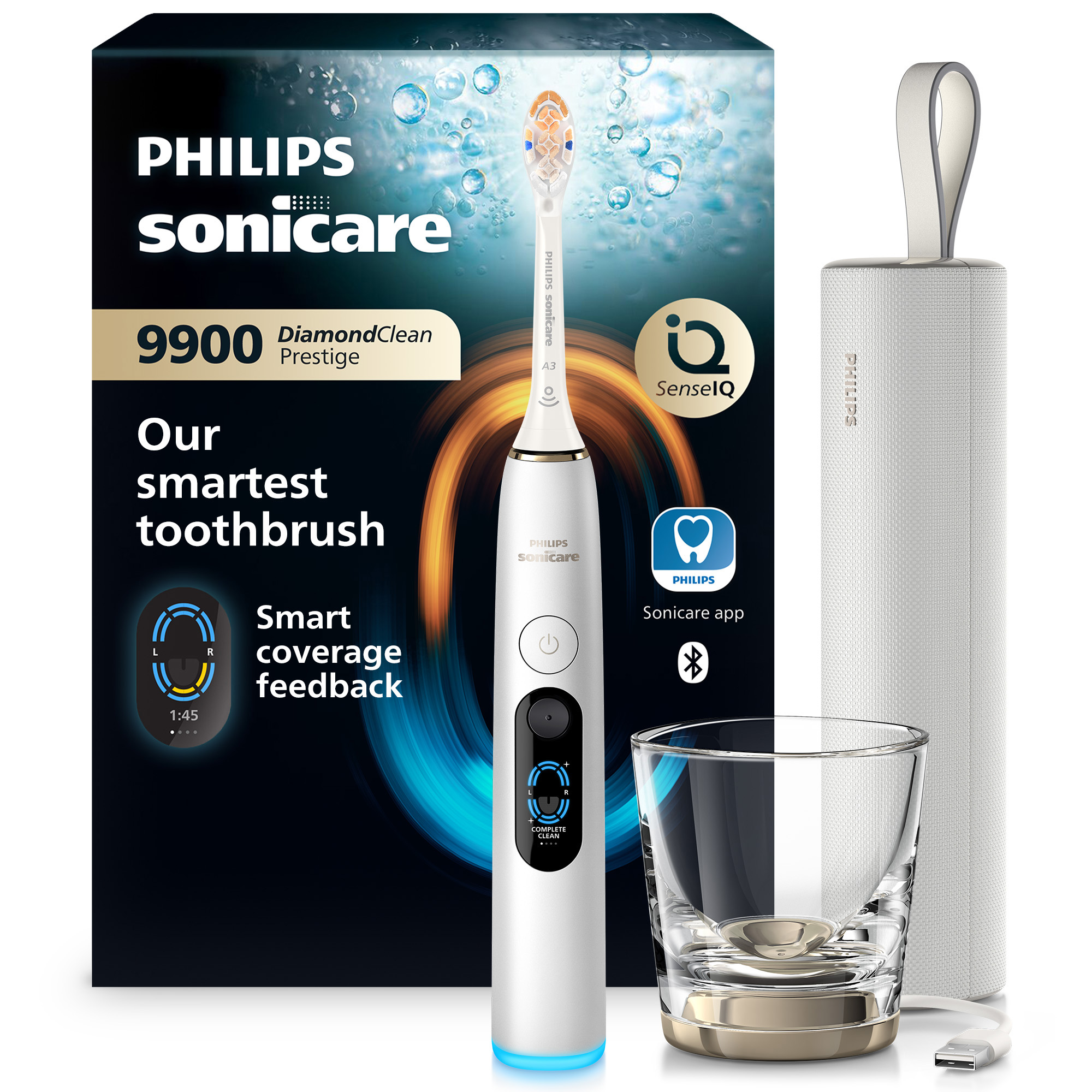 Szczoteczka Philips Sonicare 9900 Prestige z etui, szklanką i pudełkiem.