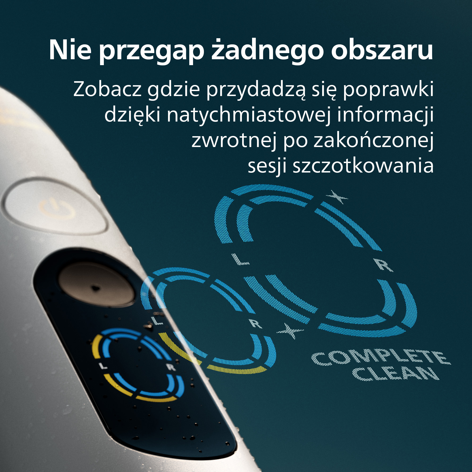 Uchwyt szczoteczki elektrycznej z niebieskim, podświetlanym interfejsem pokazującym grafikę zwrotną na ciemnym tle.
