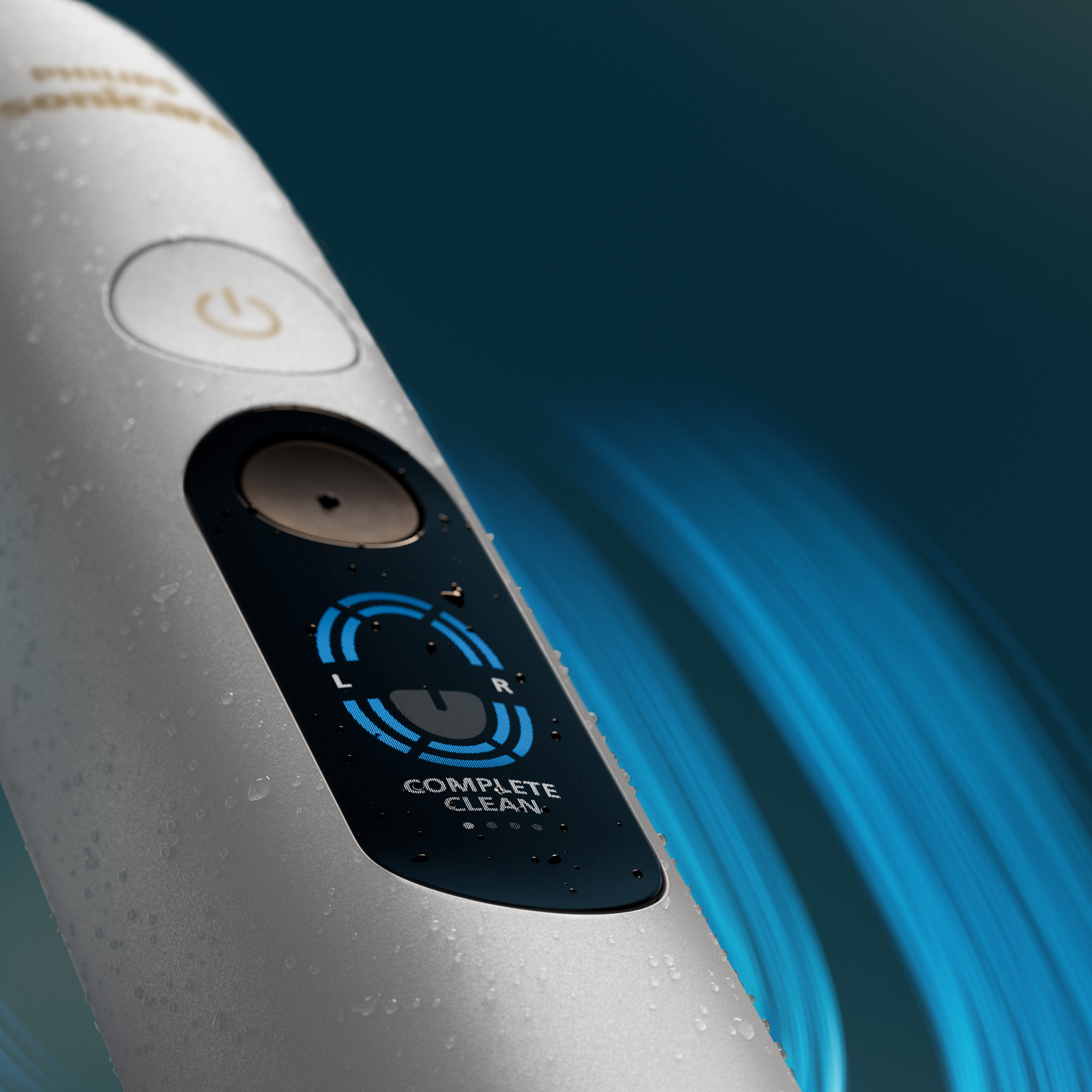 Pokryta wodą szczoteczka elektryczna Philips Sonicare z cyfrowym wyświetlaczem i niebieskimi falami światła.
