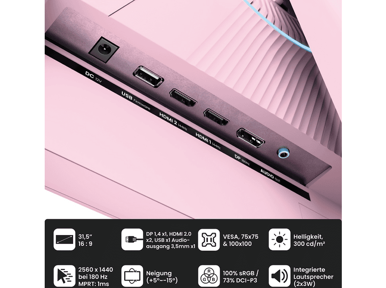 AROZZI NOVA 32 Zoll Gaming Monitor, QHD, 1 ms Reaktionszeit, 300 cd/m², 180 Hz, Pink — Foto 4 von 5