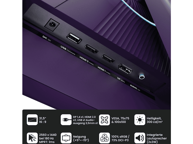 AROZZI NOVA 32 Zoll Gaming Monitor, QHD, 1 ms Reaktionszeit, 300 cd/m², 180 Hz, Purple — Foto 4 von 5