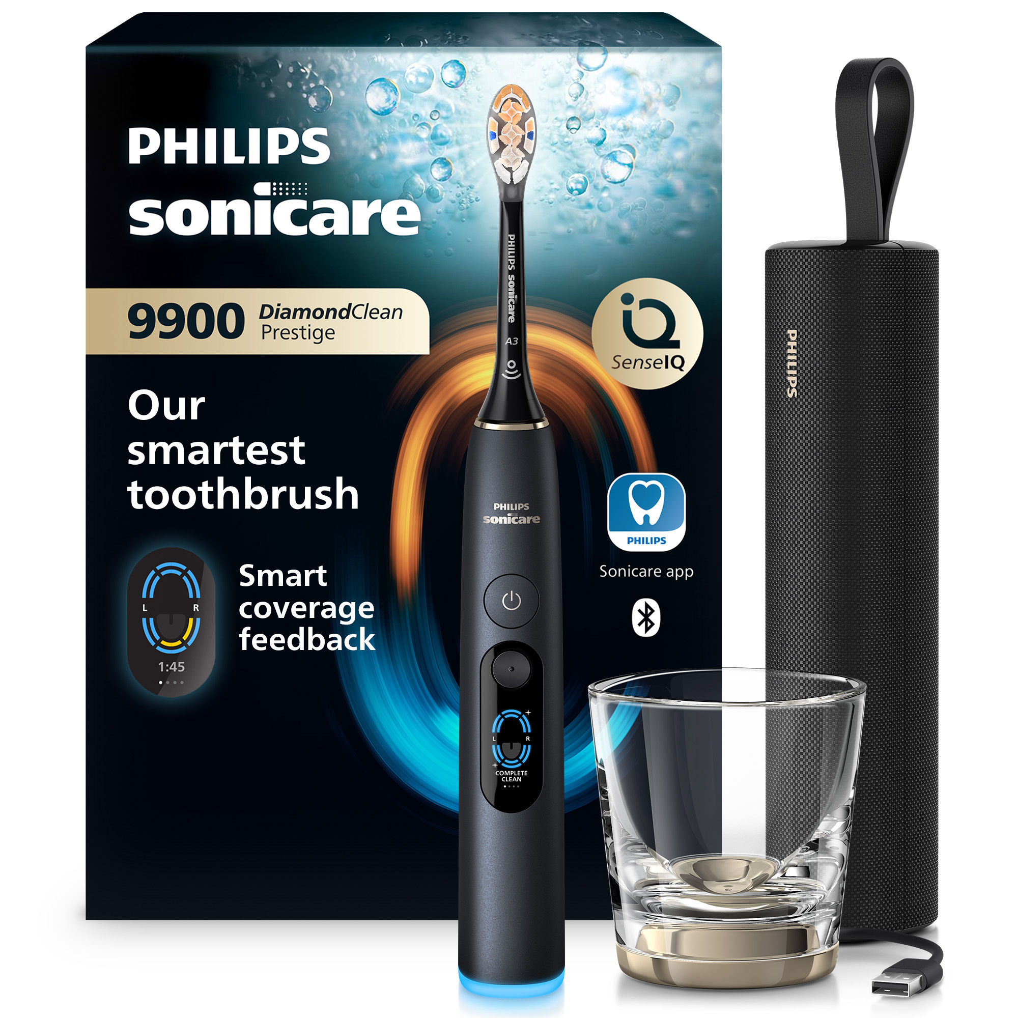 Szczoteczka Philips Sonicare 9900 DiamondClean Prestige z etui ładującym i szklanką przed pudełkiem.