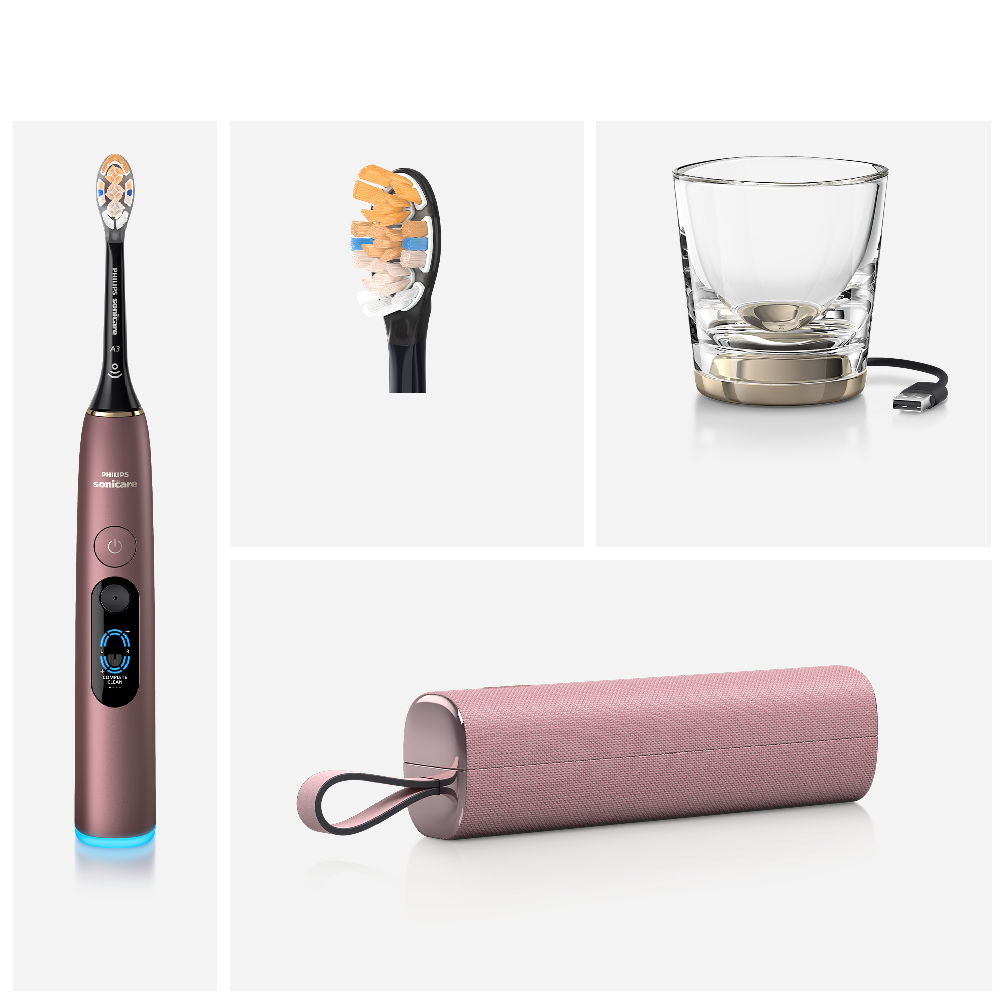 Różowozłota szczoteczka elektryczna Philips Sonicare z kielichem i etui podróżnym.