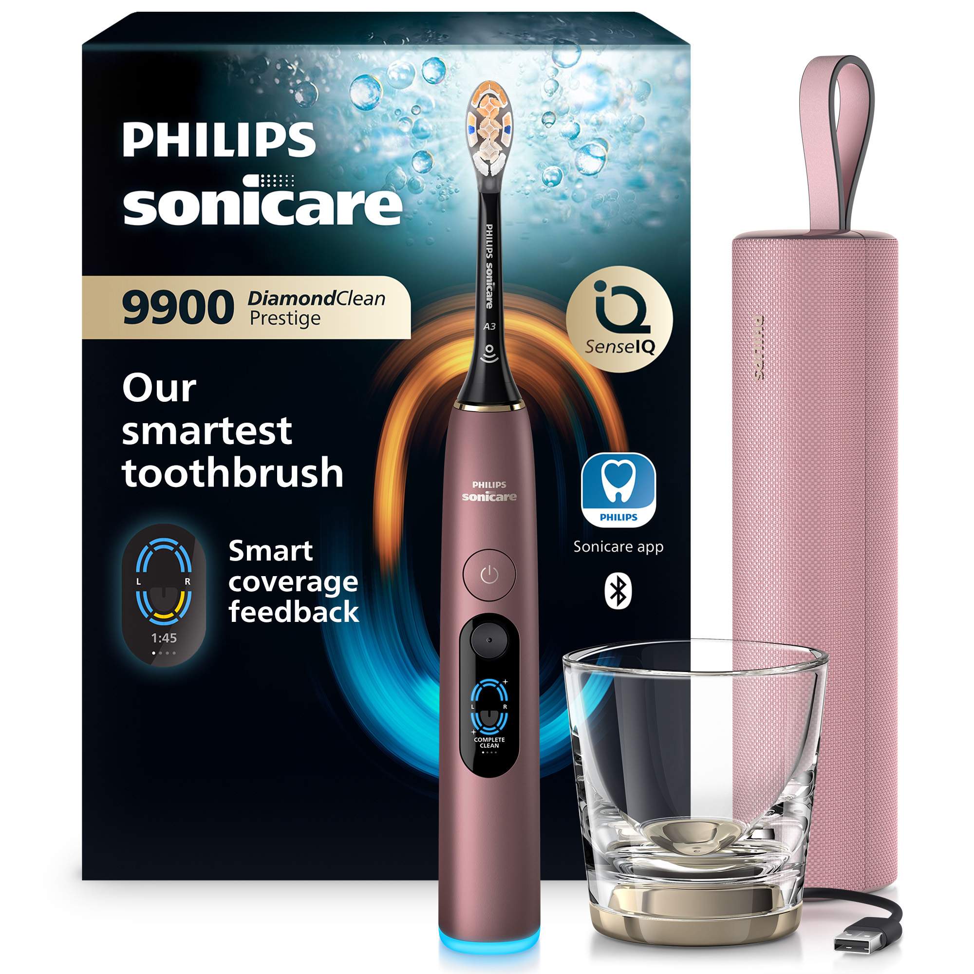 Szczoteczka Philips Sonicare 9900 Prestige z etui i szklanką.