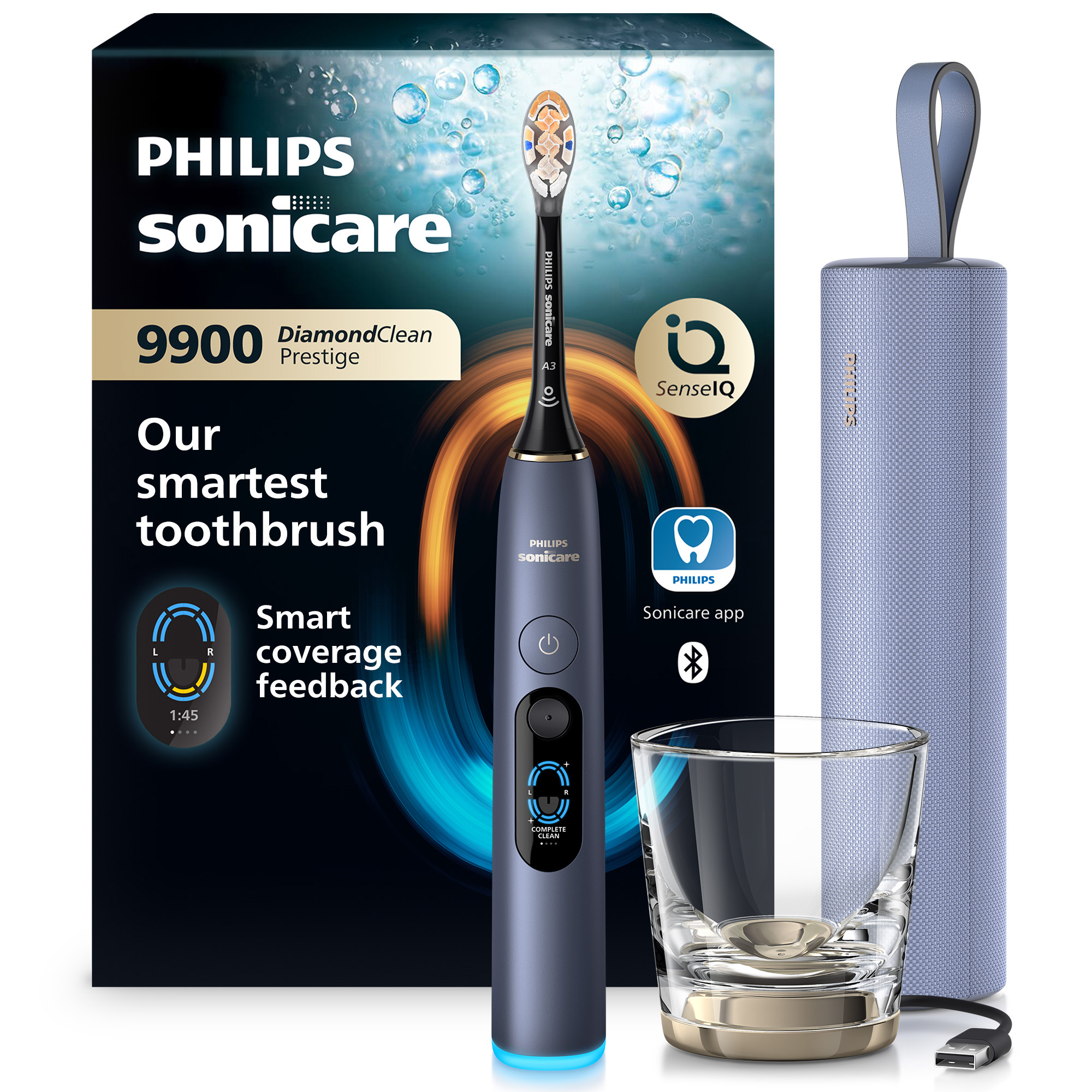 Szczotreczka elektryczna Philips Sonicare 9900 Prestige z etui, szklanką i pudełkiem.