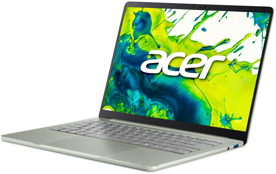 Egy ezüst Acer laptop képernyőjén zöld és kék absztrakt festékfröccsenés látható fehér háttér előtt.