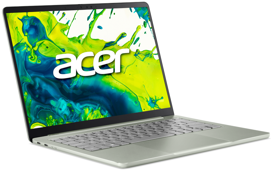 Egy ezüst Acer laptop képernyőjén színes zöld és kék fröccsenéses minta látható.