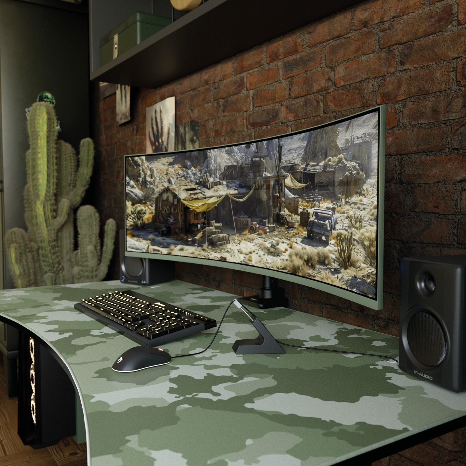 Ein Gaming-Schreibtisch mit Camo-Matte, gebogenem Monitor, Tastatur, Maus, Lautsprechern und großem Kaktus.