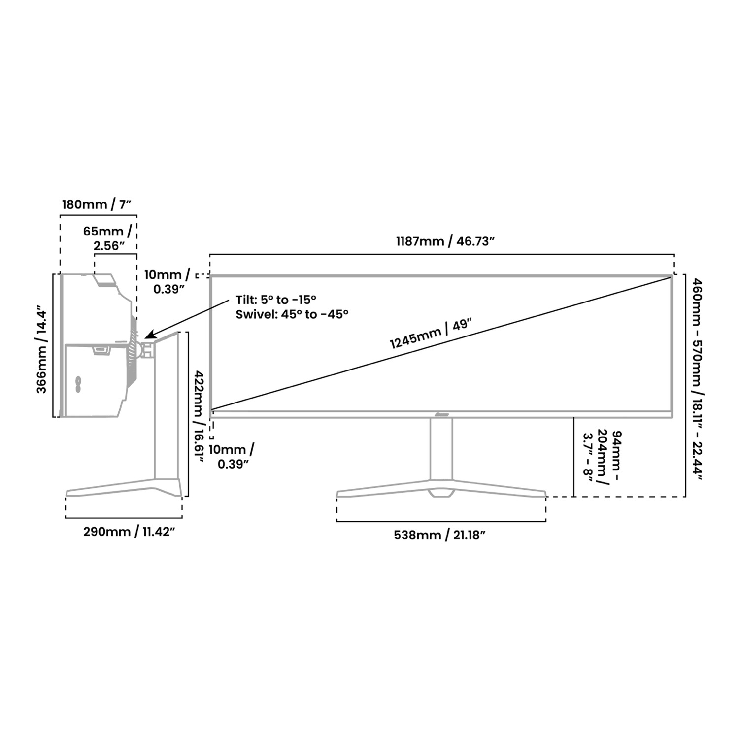 Technische Zeichnung eines ultrawiden Monitors mit detaillierten Maßen für Breite, Höhe, Tiefe und Neigung.