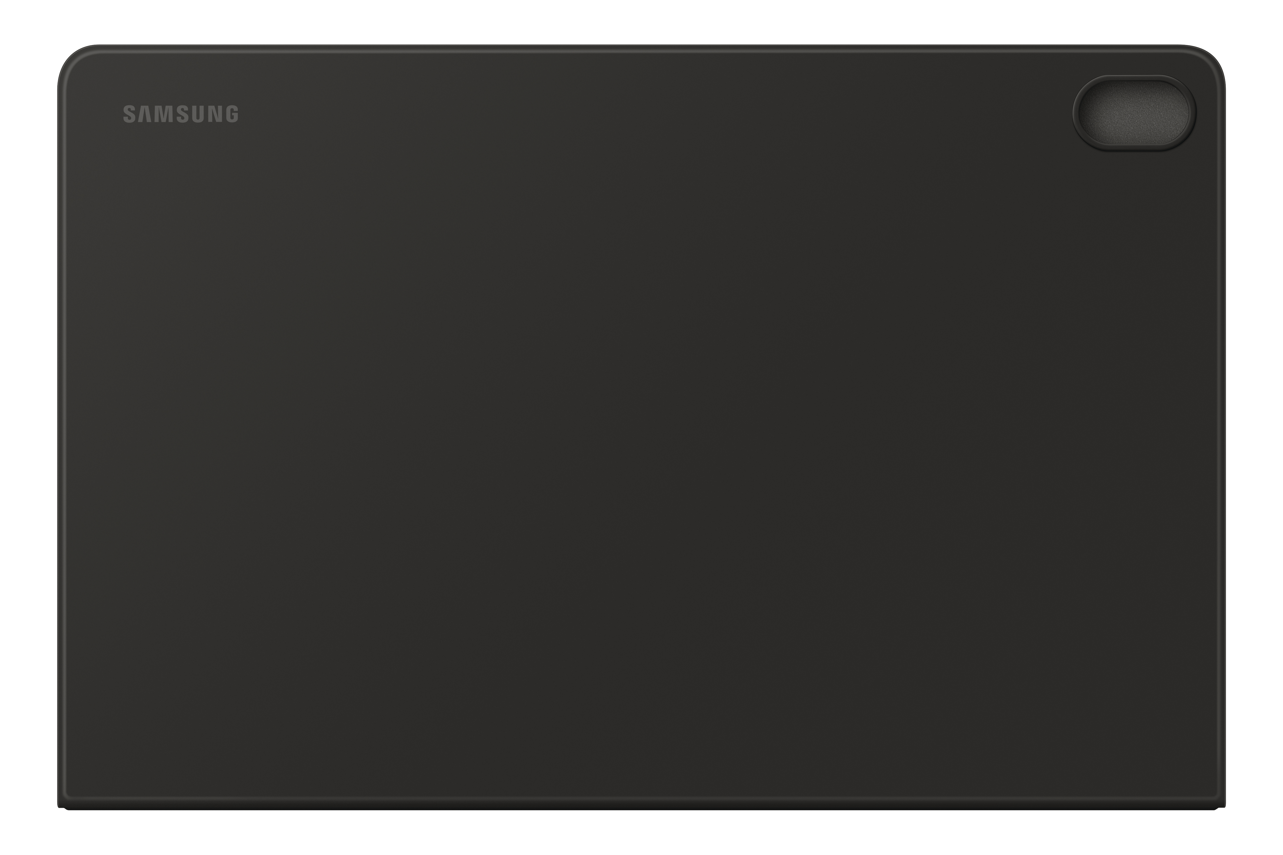 Schwarze Samsung-Tablethülle mit Kameruausschnitt oben rechts und Samsung-Logo oben links.