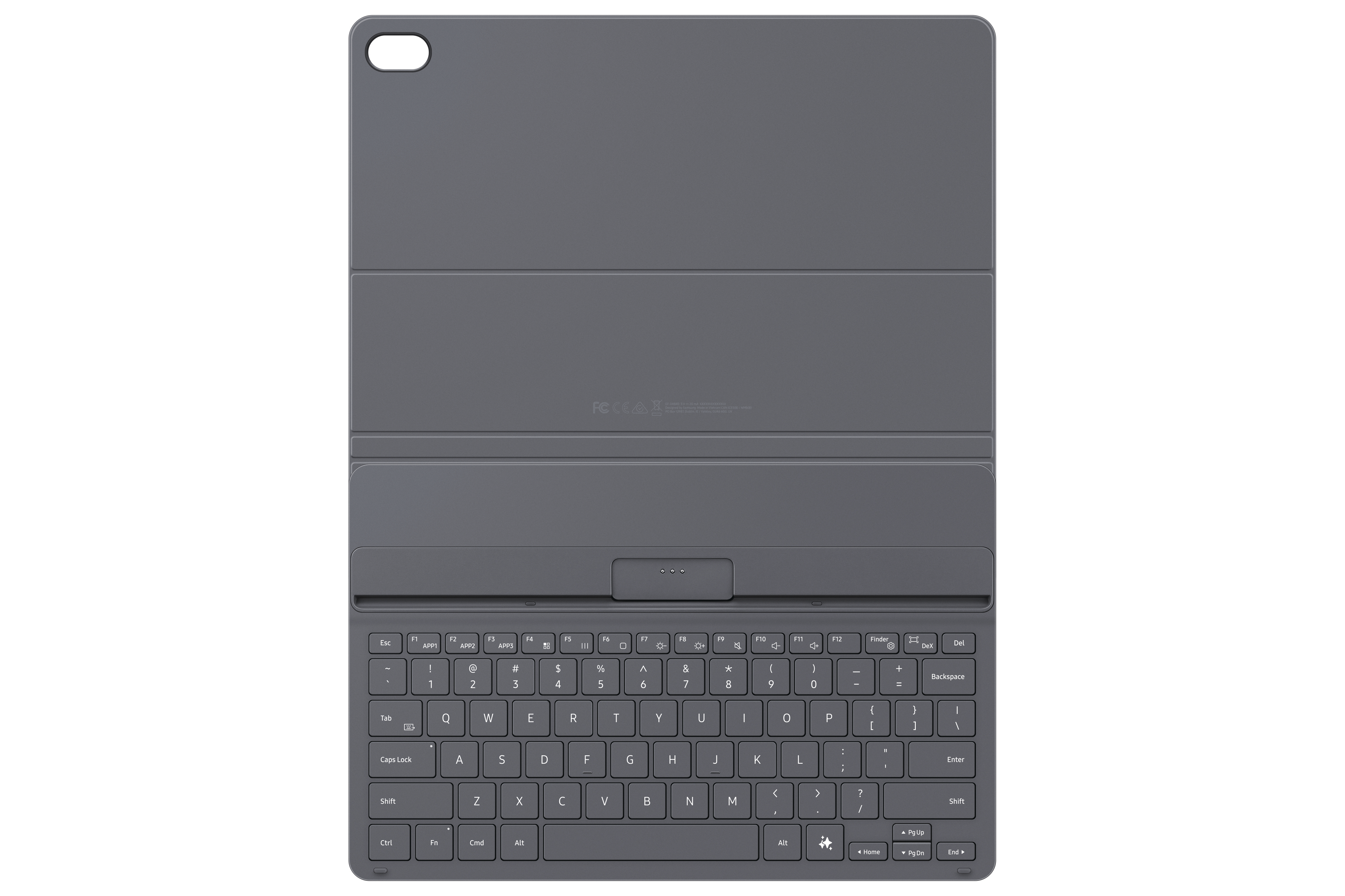 Graues Tablet-Cover mit integrierter QWERTY-Tastatur auf weißem Hintergrund.