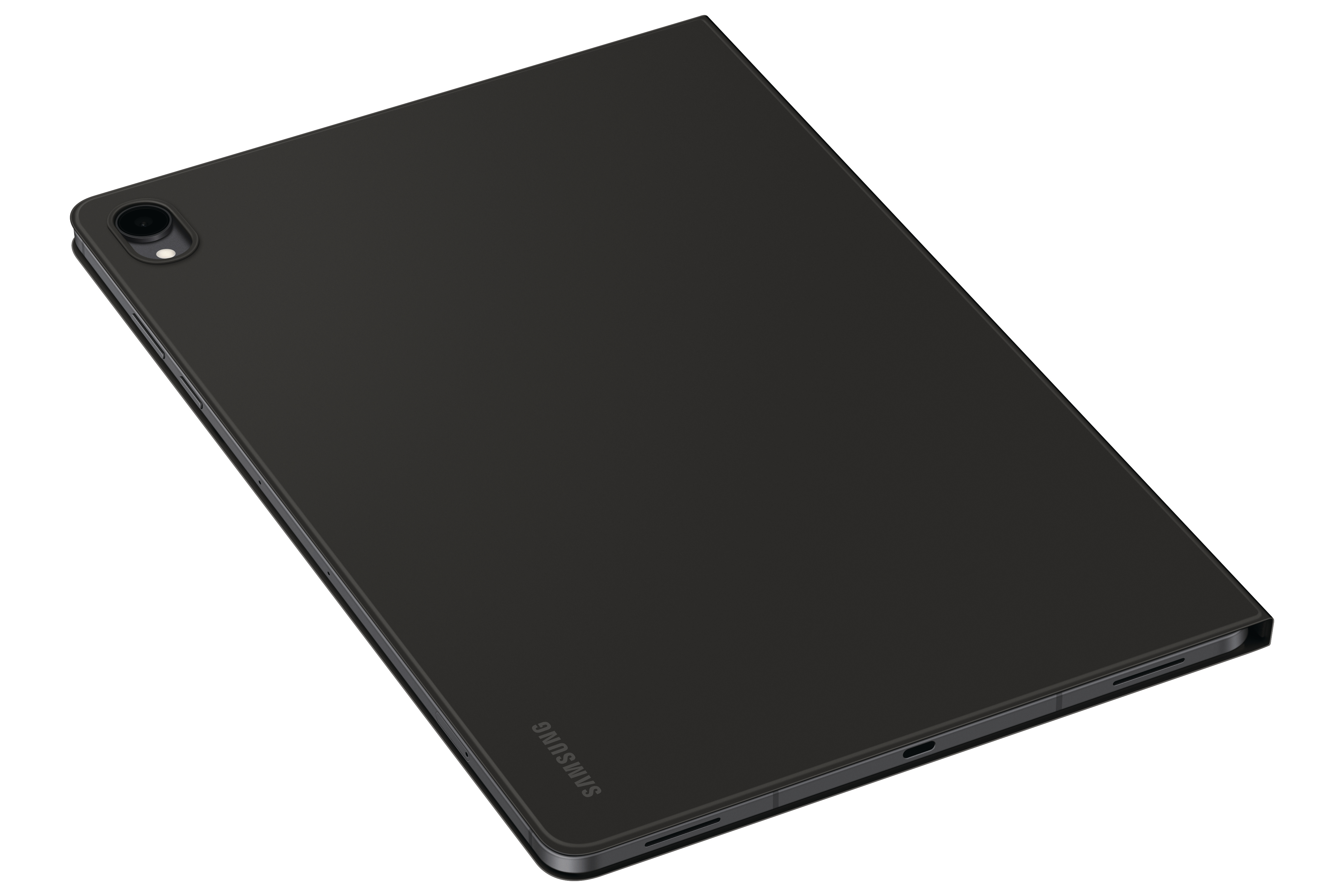 Rückseite eines schwarzen Samsung Tablets mit Schutzhülle und Kamera, schräg aufgenommen auf weißem Grund.