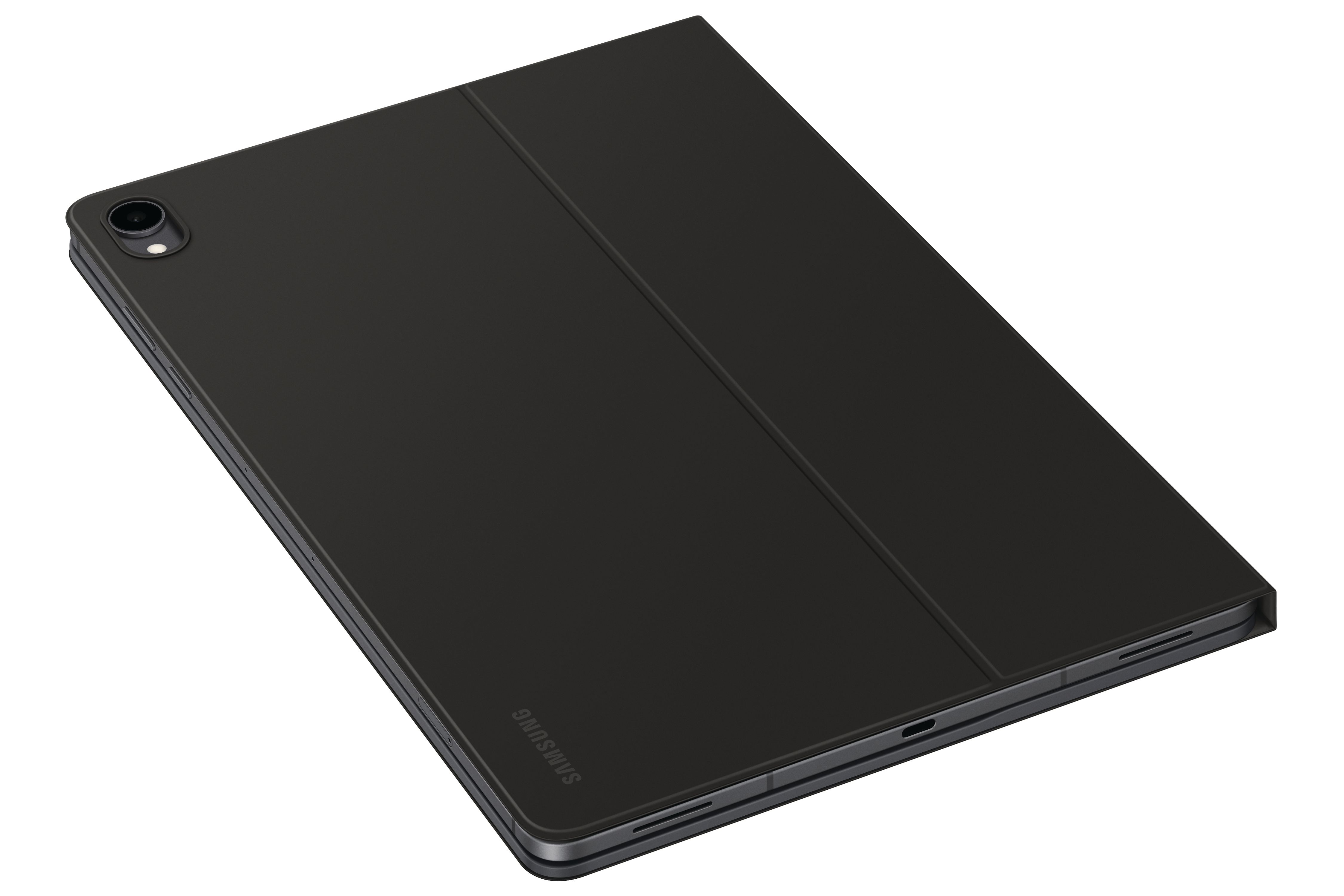 Ein schwarzes Samsung-Tablet in einer Schutzhülle, von hinten auf weißem Hintergrund fotografiert.