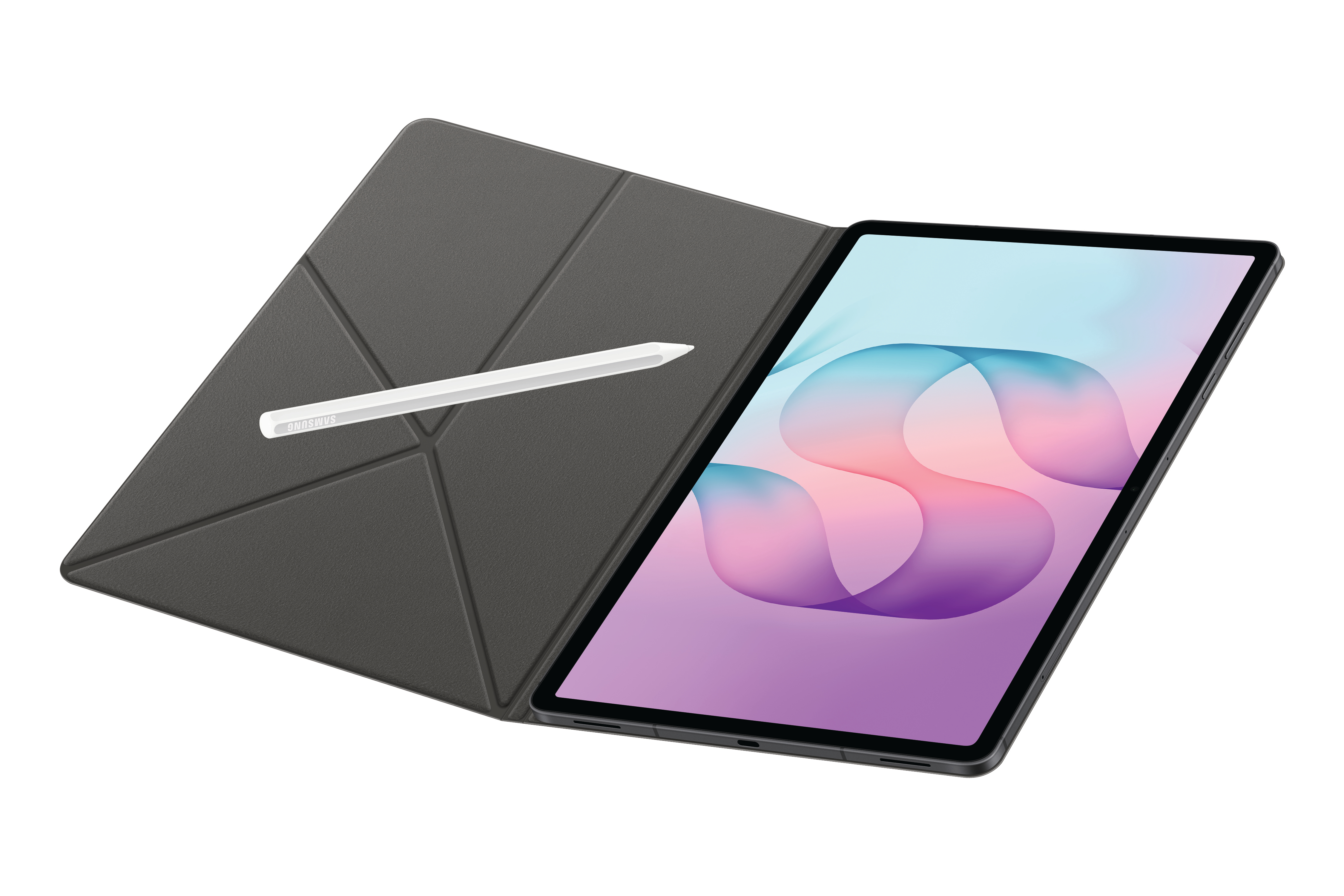 Ein schwarzes Tablet mit buntem Bildschirm steht vor einer grauen Klapphülle mit einem weißen Eingabestift.