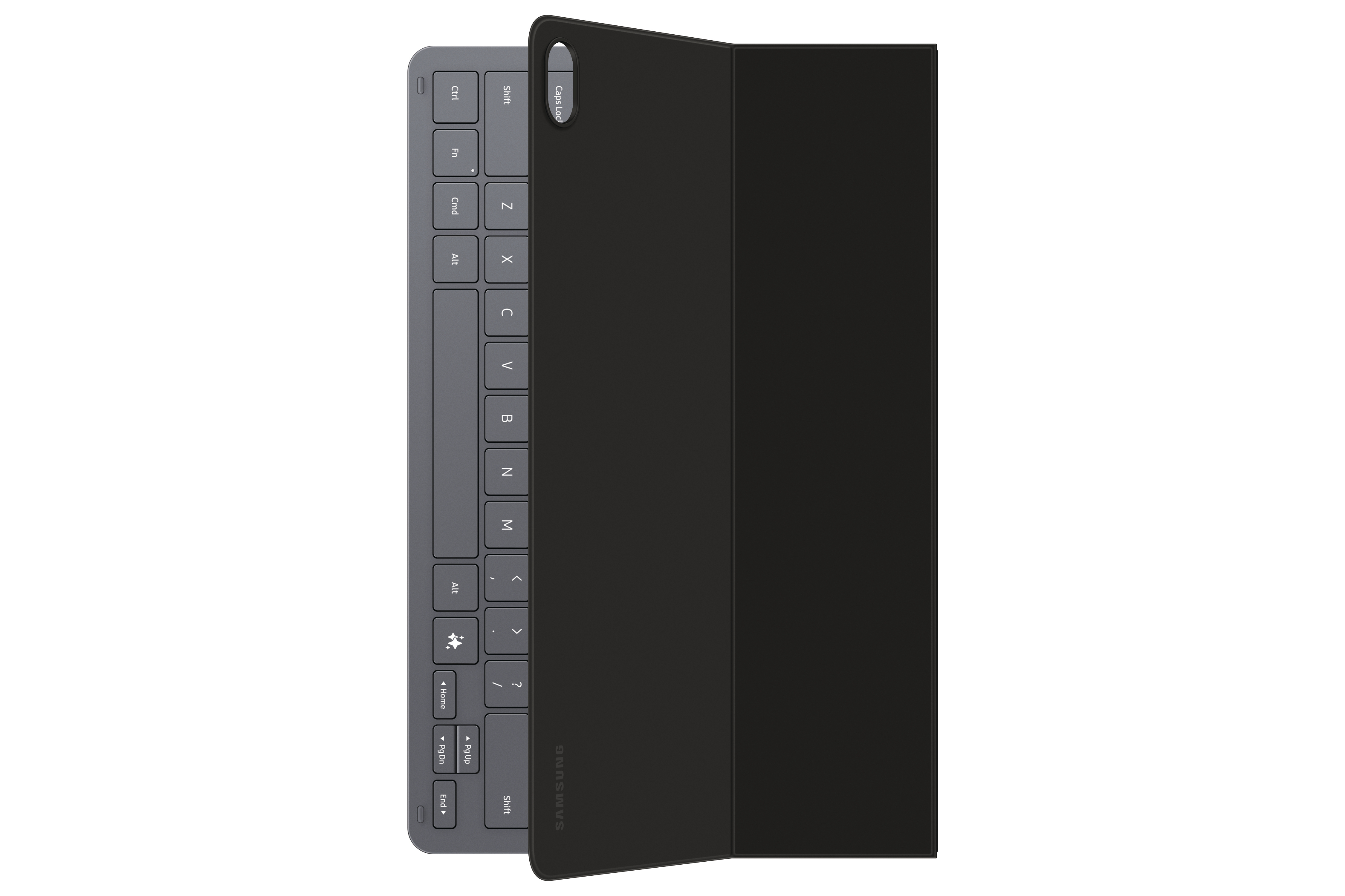 Schwarze Tablet-Hülle mit integrierter grauer Tastatur auf weißem Hintergrund.