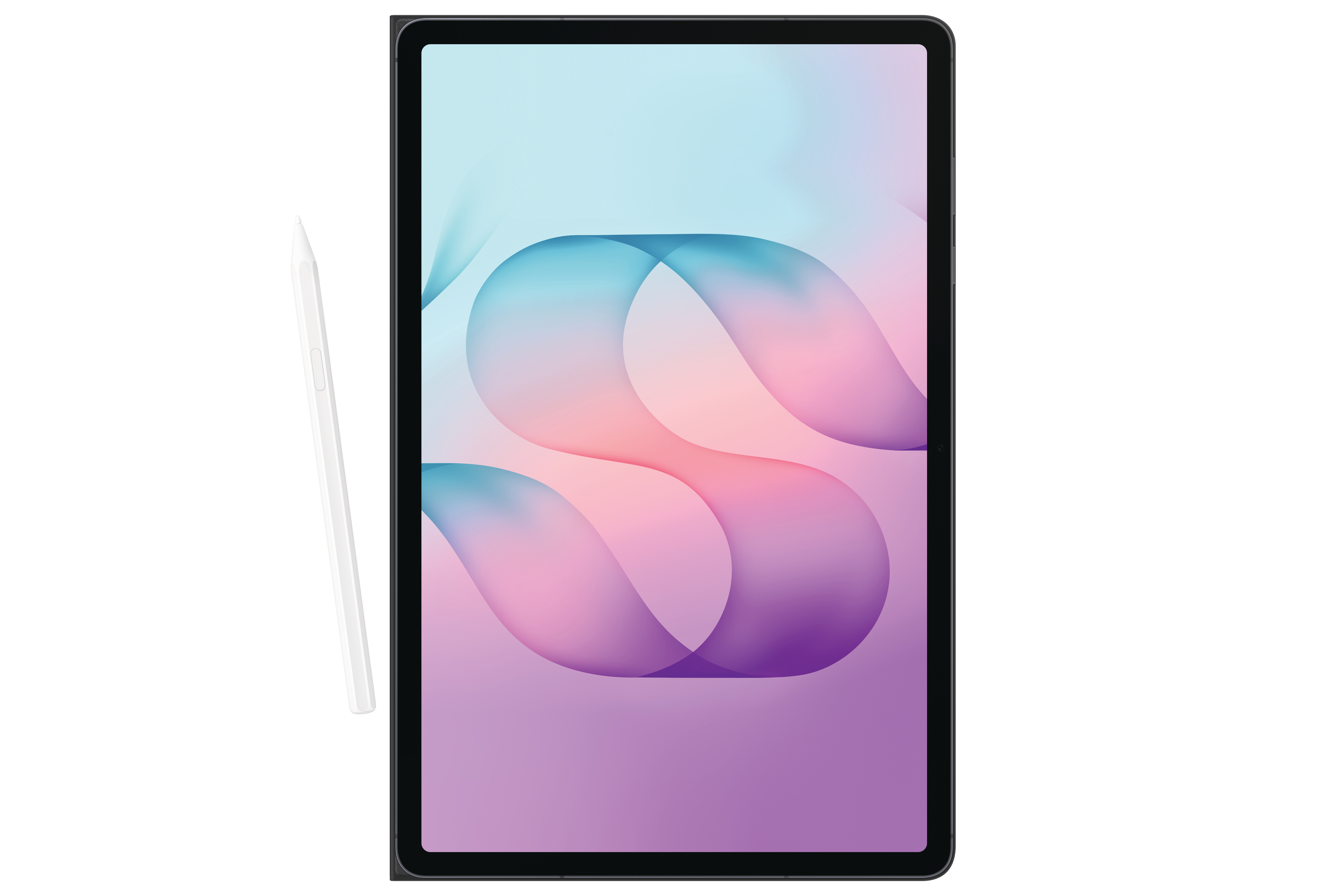 Ein schwarzes Tablet mit buntem Hintergrund und einem weißen Stift links.