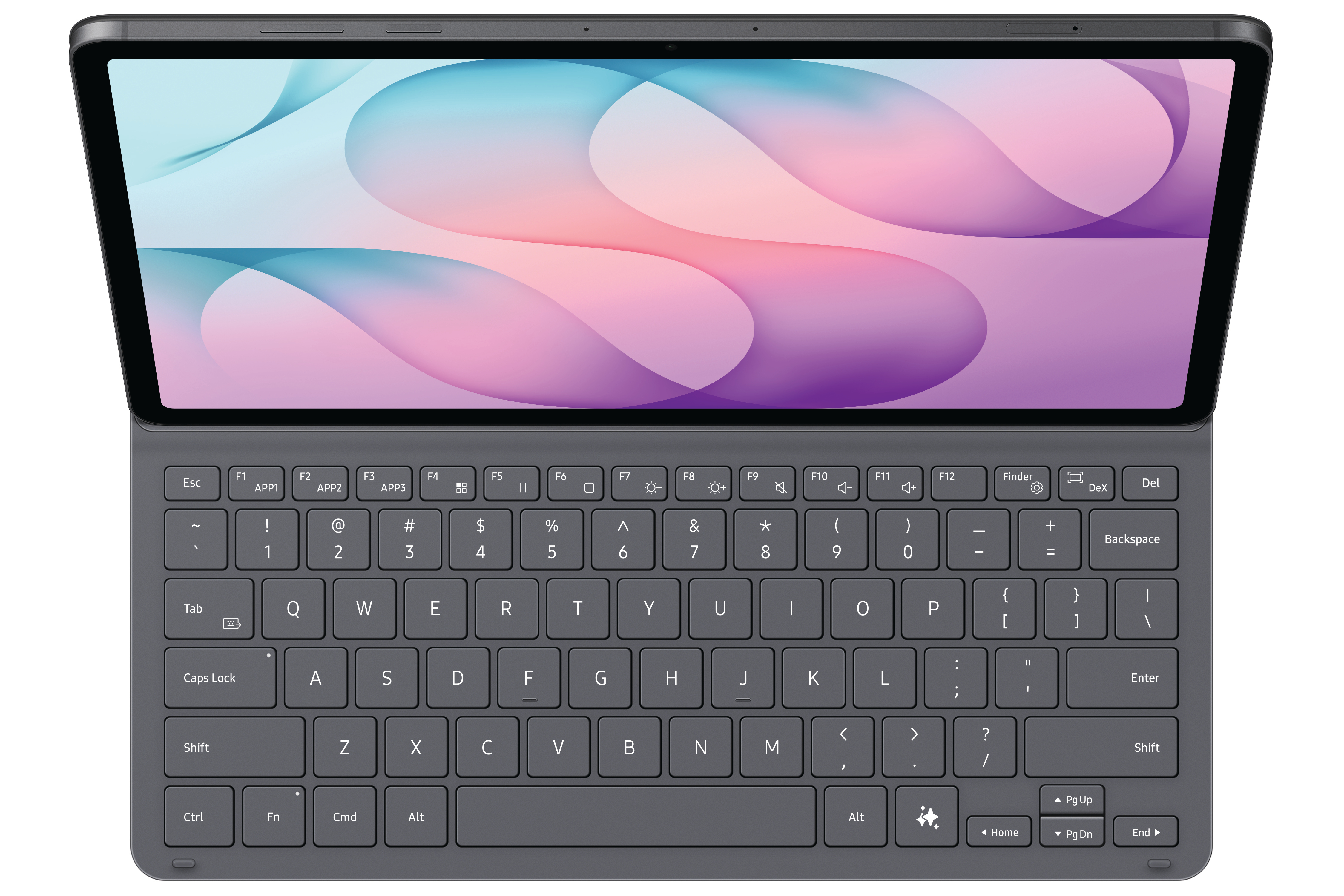 Ein graues Tablet mit angeschlossener Tastatur und einem abstrakten blau-rosa Bildschirmhintergrund.
